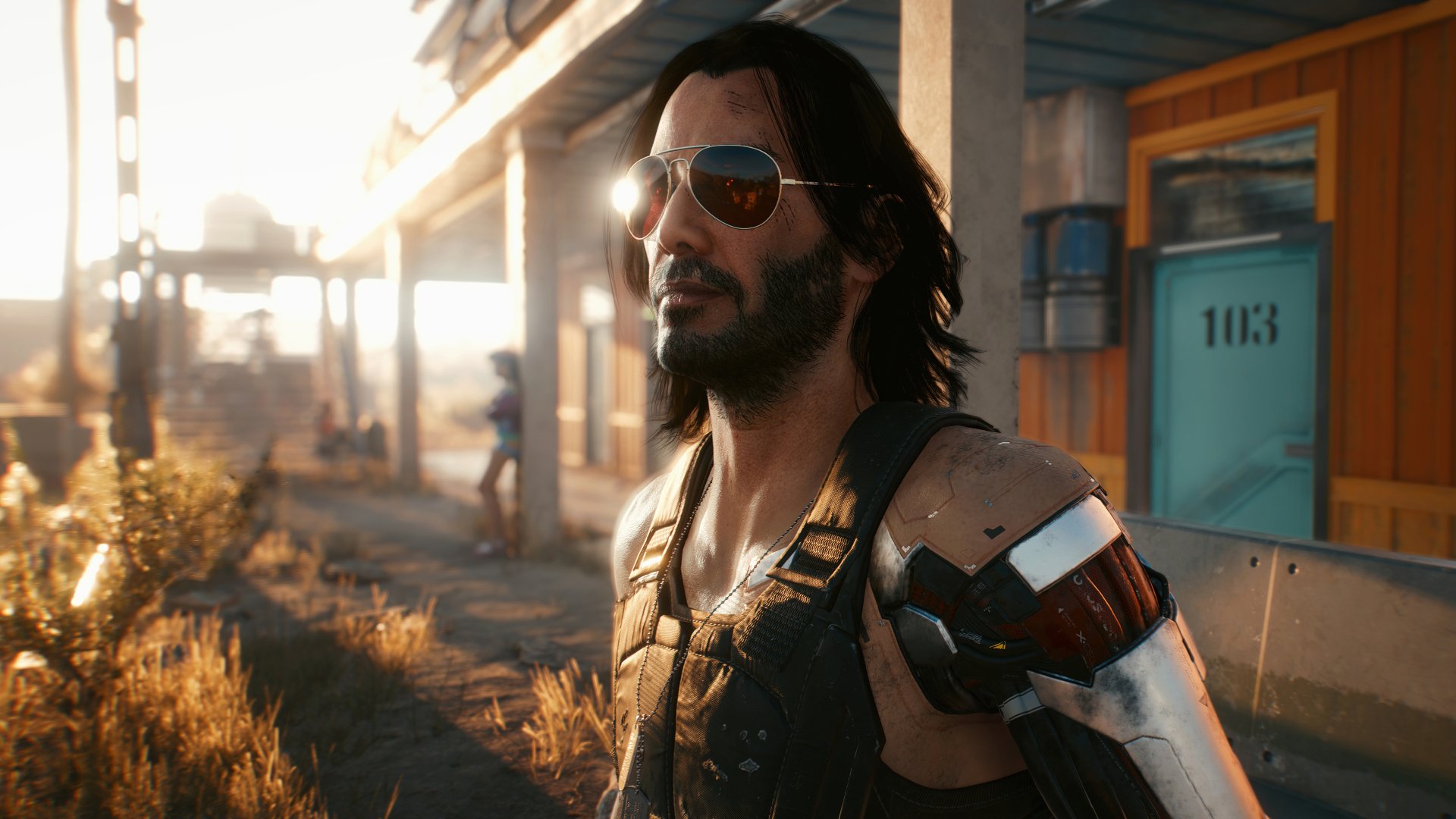 Cyberpunk 2077 character Johnny Silverhand, inspired by Keanu Reeves, against a sunset-lit cityscape, available as HD desktop wallpaper and background.