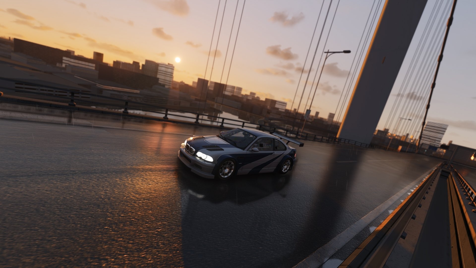 HD PC desktop wallpaper featuring a BMW M3 GTR from NFS Most Wanted on a wet city bridge at sunset with an abstract, cinematic atmosphere.