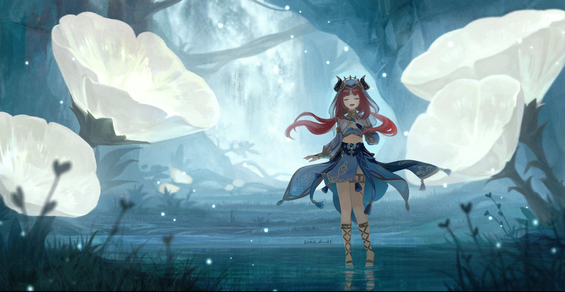 HD desktop wallpaper featuring Nilou from the video game Genshin Impact, standing in a serene, mystical forest with giant luminous flowers and a waterfall in the background.
