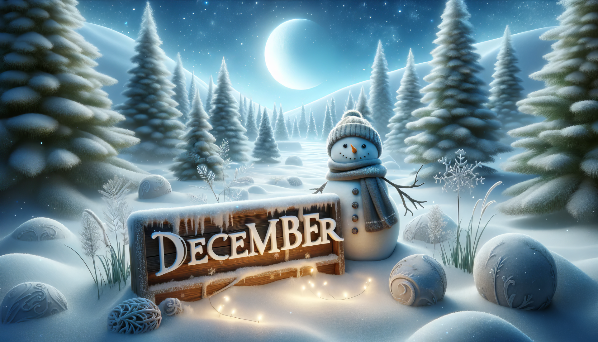 Winter wonderland with snowman and December sign under a moonlit sky HD desktop wallpaper