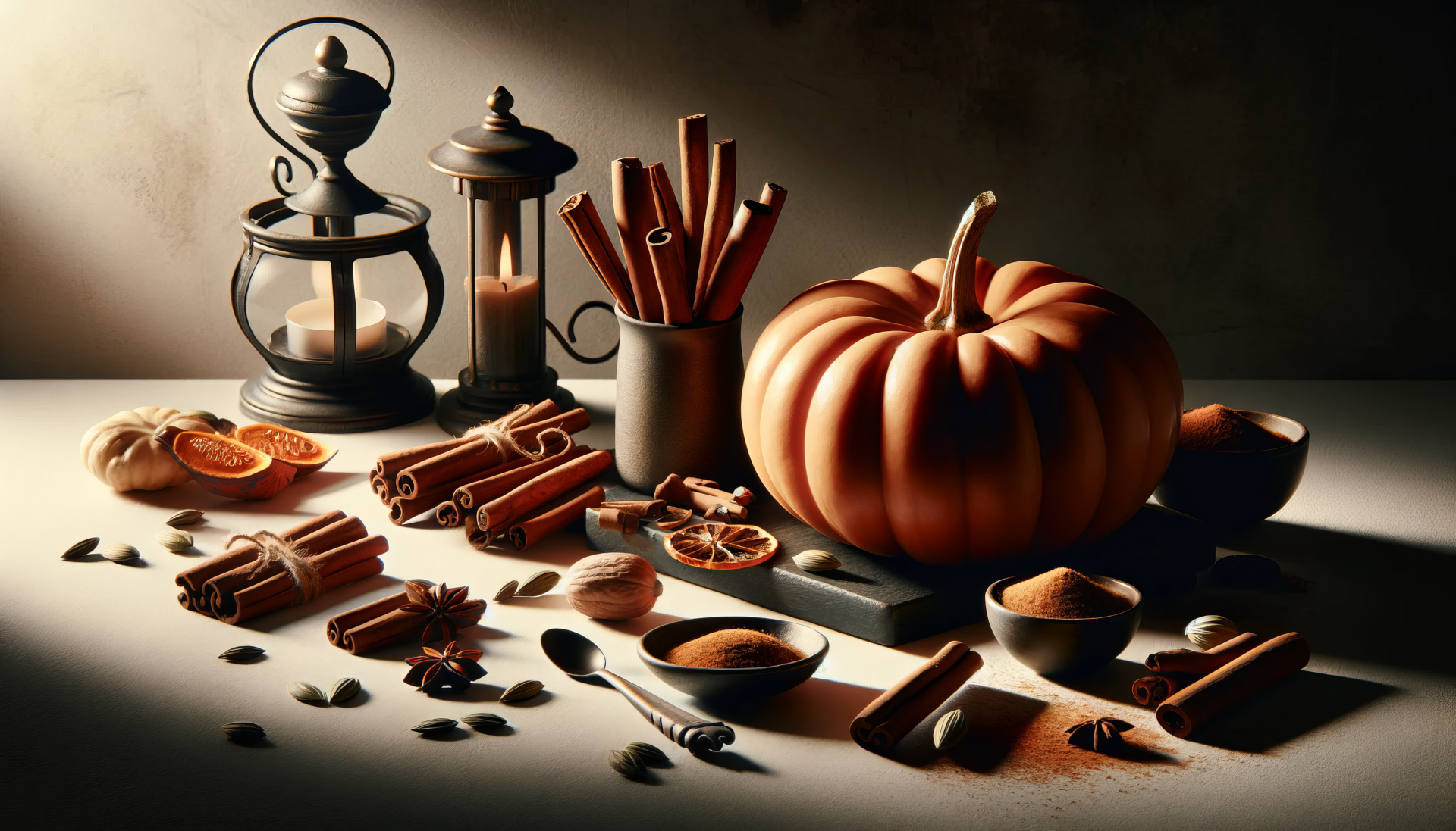 HD desktop wallpaper featuring a cozy autumn theme with an orange pumpkin, cinnamon sticks, star anise, and lanterns.