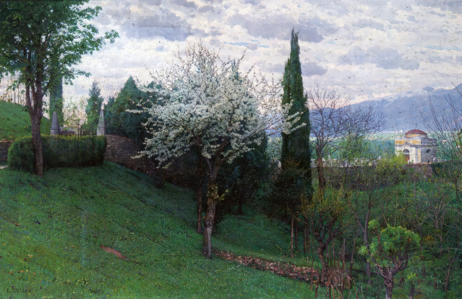 Artistic oil painting of a serene landscape with blossoming trees, lush greenery, and distant hills, captured in high definition for a PC desktop wallpaper.