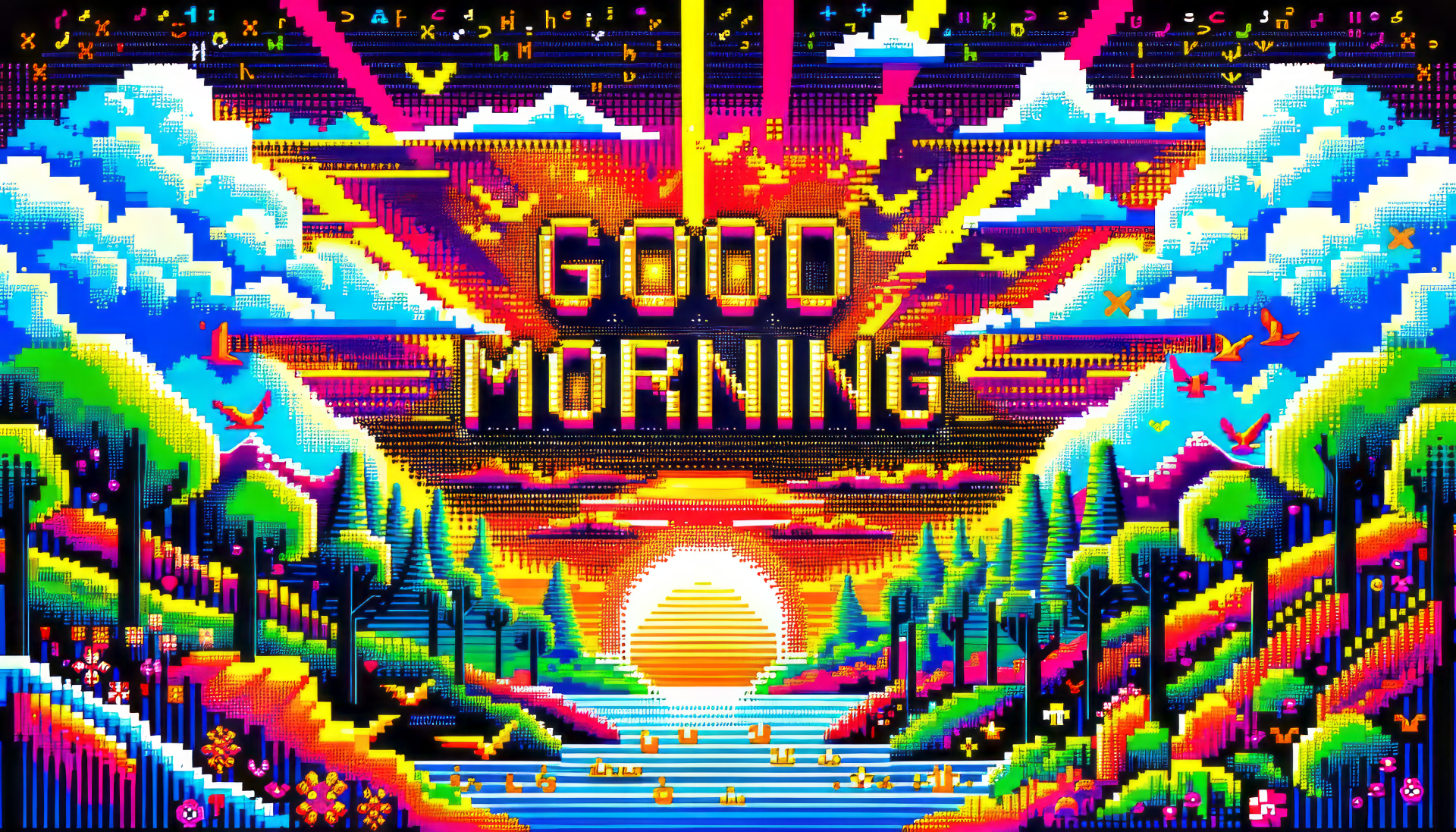 Colorful retro pixel art good morning wallpaper with vibrant sunrise and nature scene for HD desktop background.