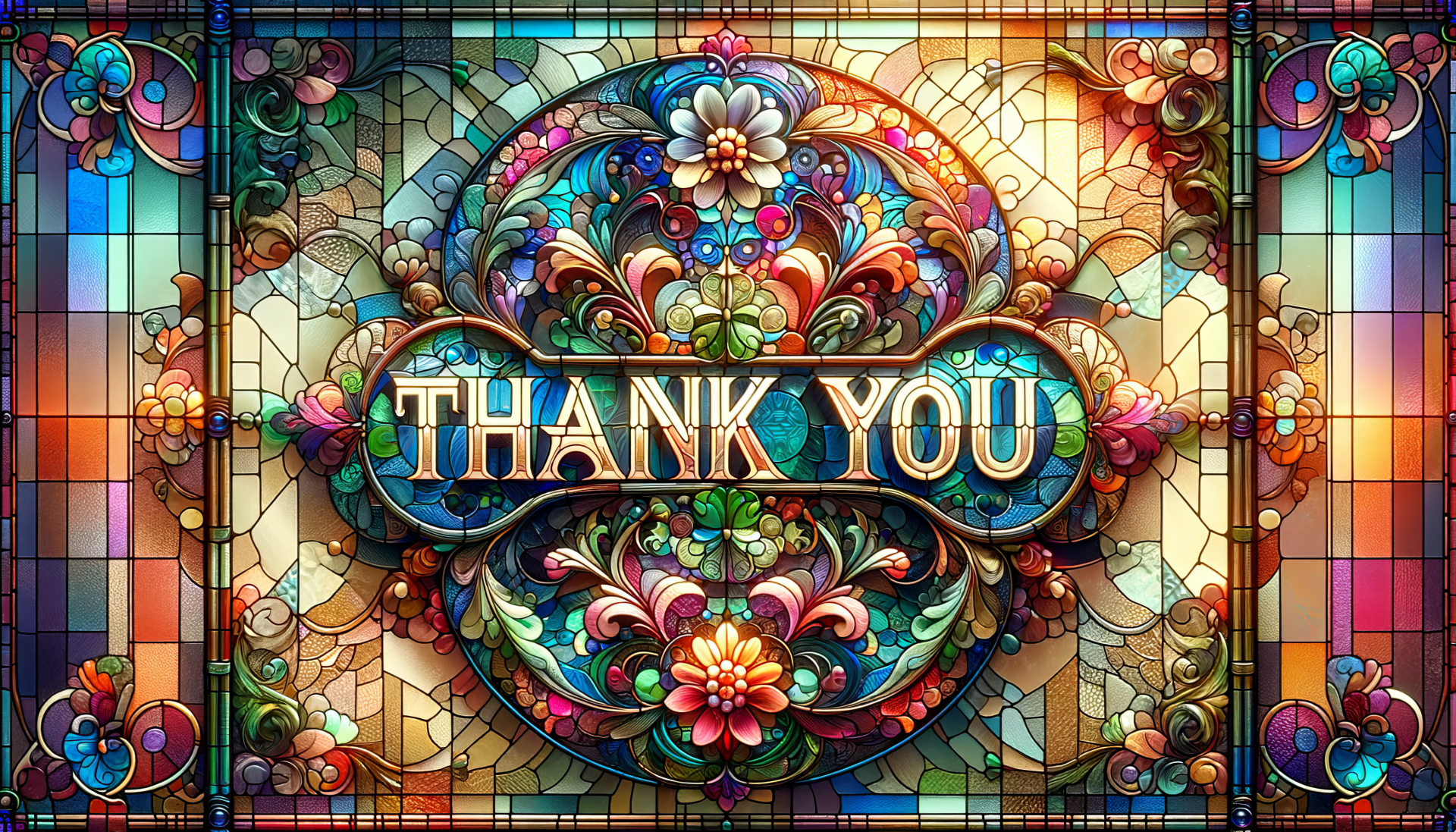 HD desktop wallpaper featuring a vibrant stained glass design with floral patterns and a central THANK YOU inscription.