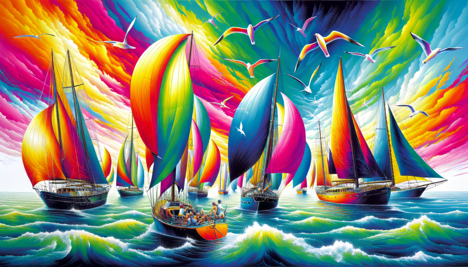 Colorful sailboats on vibrant sea with dynamic sky HD wallpaper.
