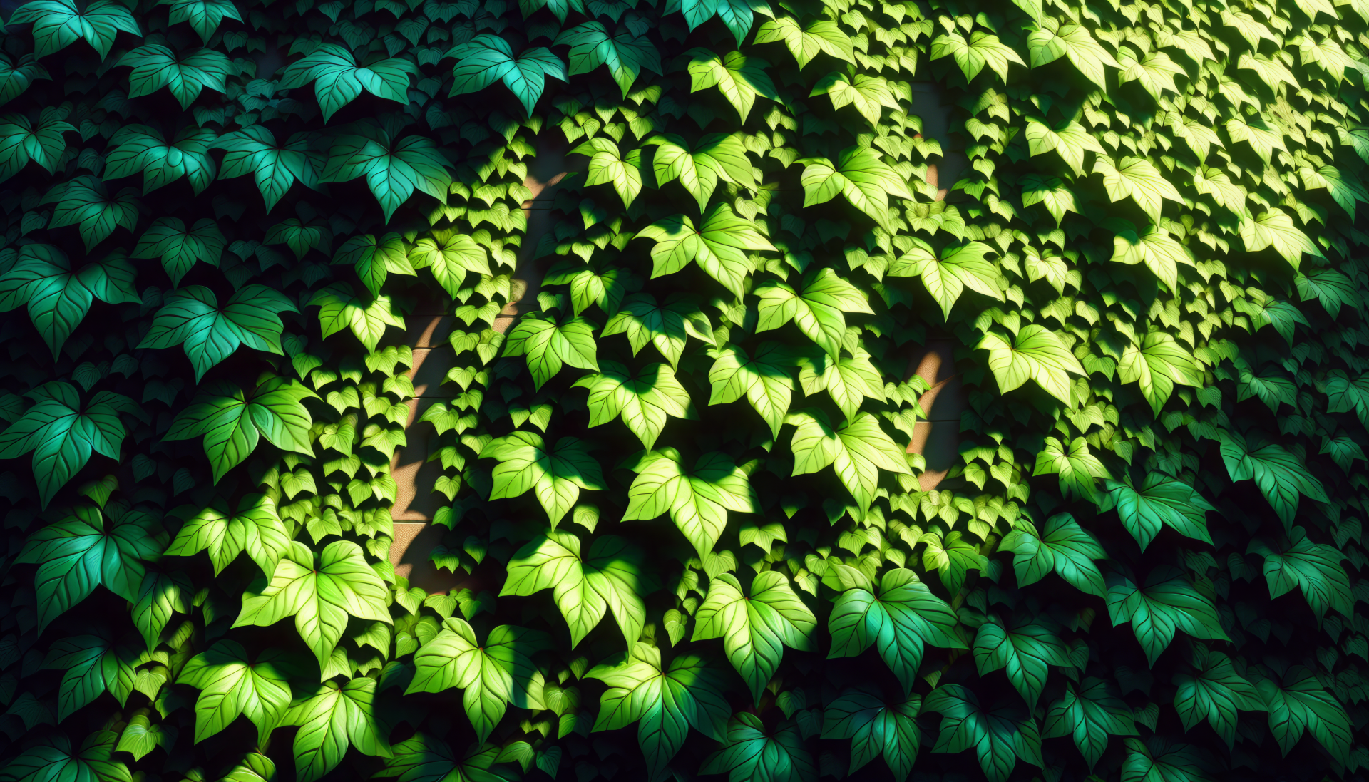 A vibrant HD desktop wallpaper showcasing lush green ivy leaves, creating a rich and textured background with interplay of light and shadow.