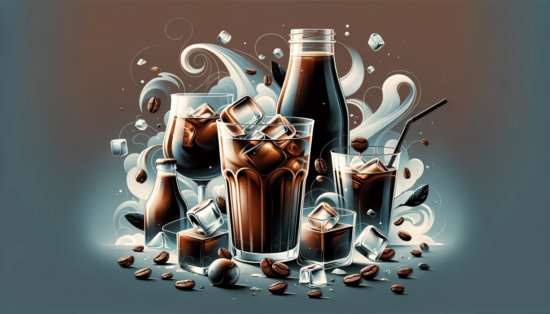 A vibrant HD desktop wallpaper featuring an artistic arrangement of cold brew coffee with ice cubes, showcasing various glassware and coffee beans in a dynamic composition.