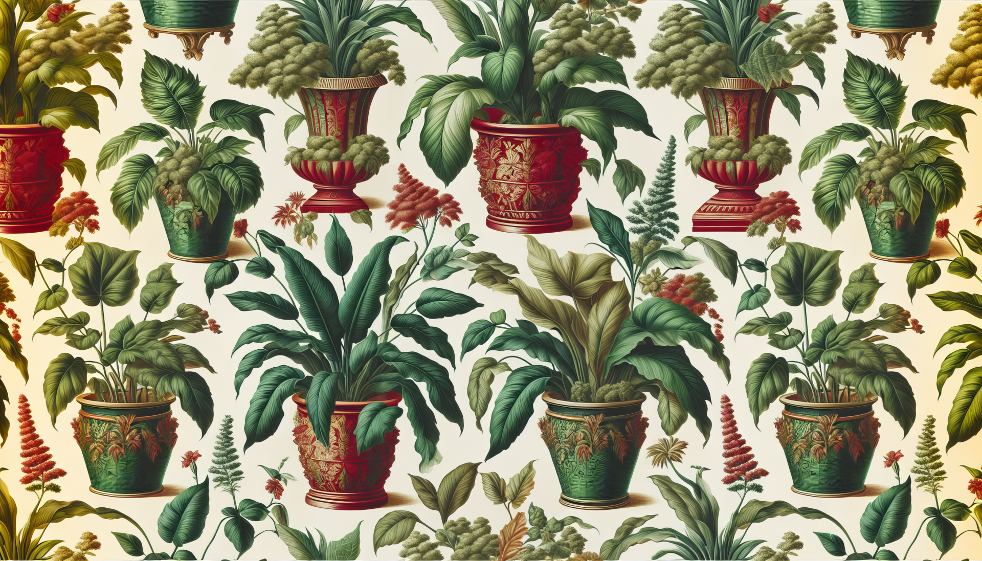 A vibrant HD desktop wallpaper featuring an array of potted plants in ornate containers, showcasing diverse greenery against a decorative background.