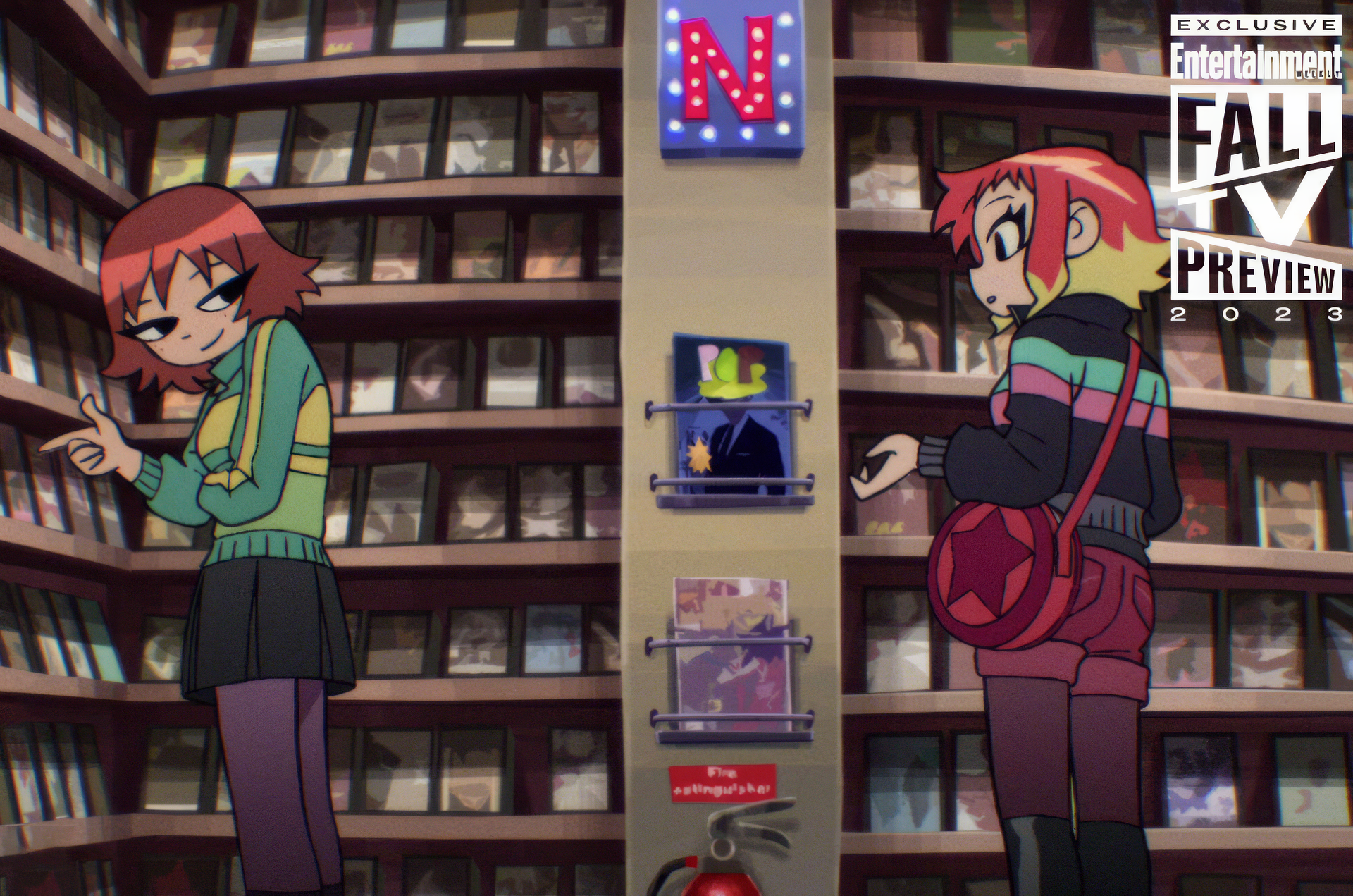 HD desktop wallpaper from Scott Pilgrim Takes Off featuring animated characters in a library setting with a vibrant color scheme.
