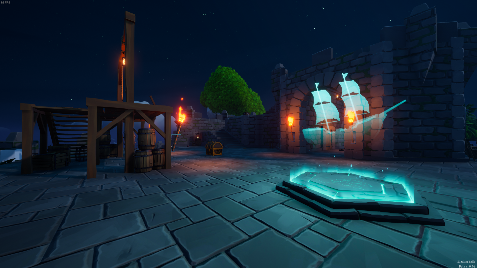 HD desktop wallpaper of Blazing Sails game featuring a pirate ship at night, glowing treasure map in the foreground with atmospheric torch-lit stone surroundings for background.