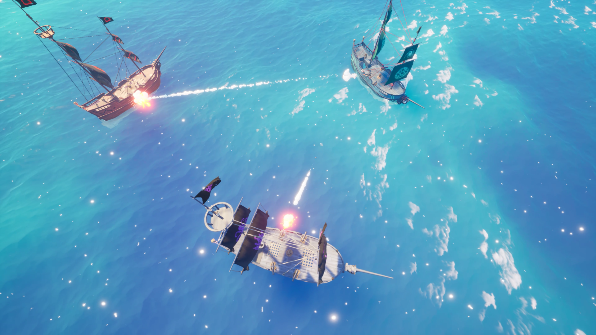 A stunning HD wallpaper from the video game Blazing Sails, showcasing an intense naval battle with ships exchanging cannon fire on sparkling blue waters.