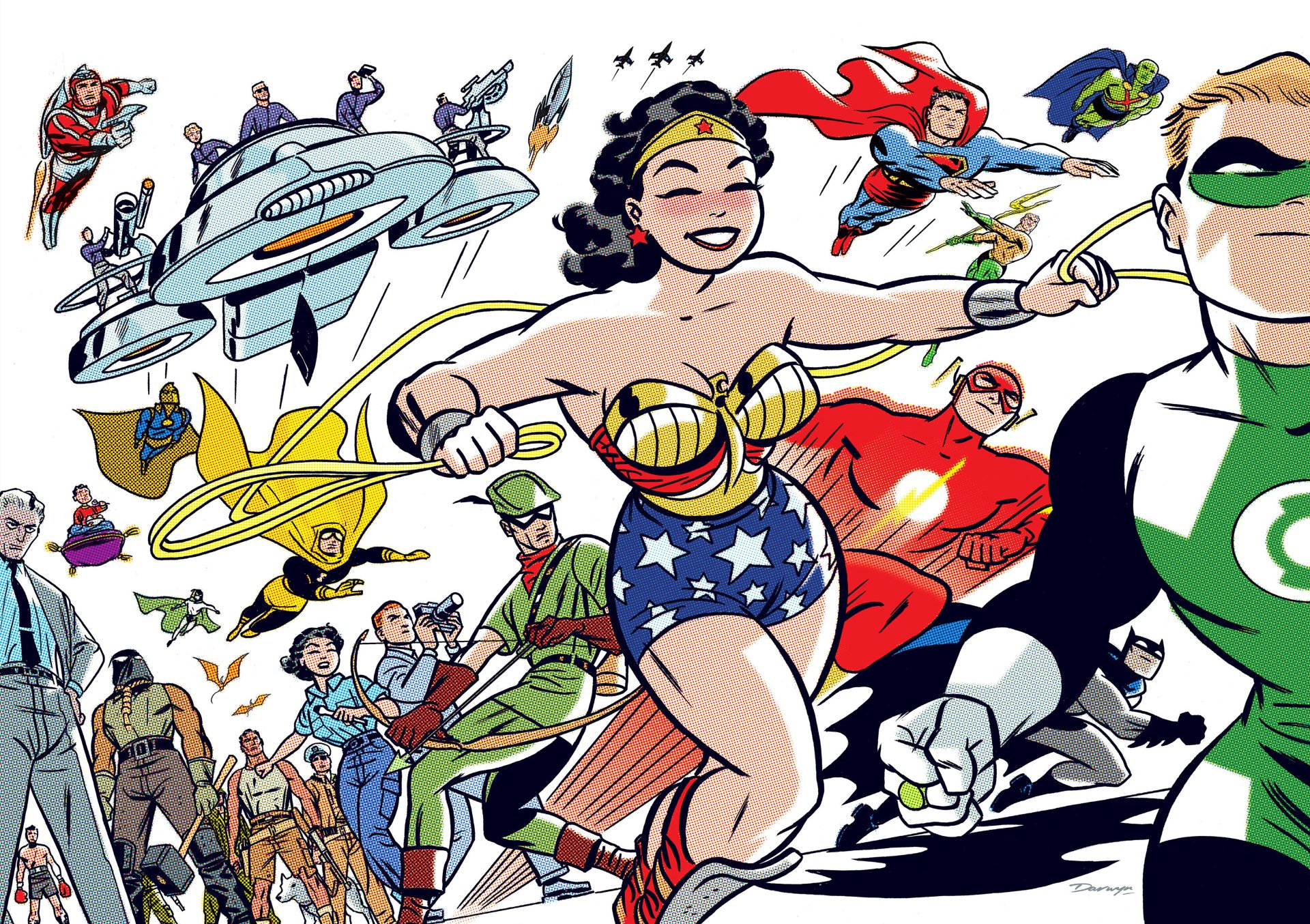 Comic art from DC: The New Frontier — 4K Ultra HD PC desktop wallpaper/background: retro-style collage with Wonder Woman leading a team of DC heroes like Superman and Green Lantern.