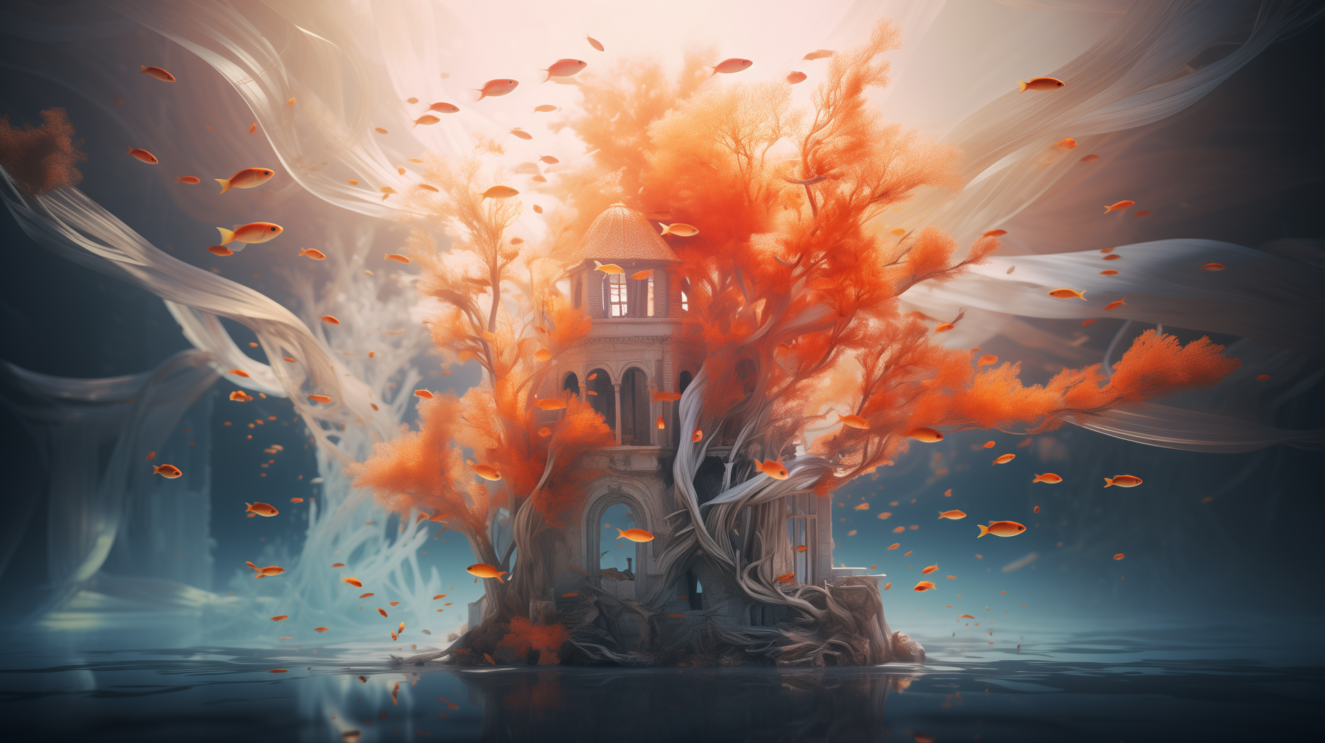 HD PC desktop wallpaper featuring an ethereal temple entwined with fiery orange trees and surrounded by delicate fairy-like fish, rendered in stunning AI art style.