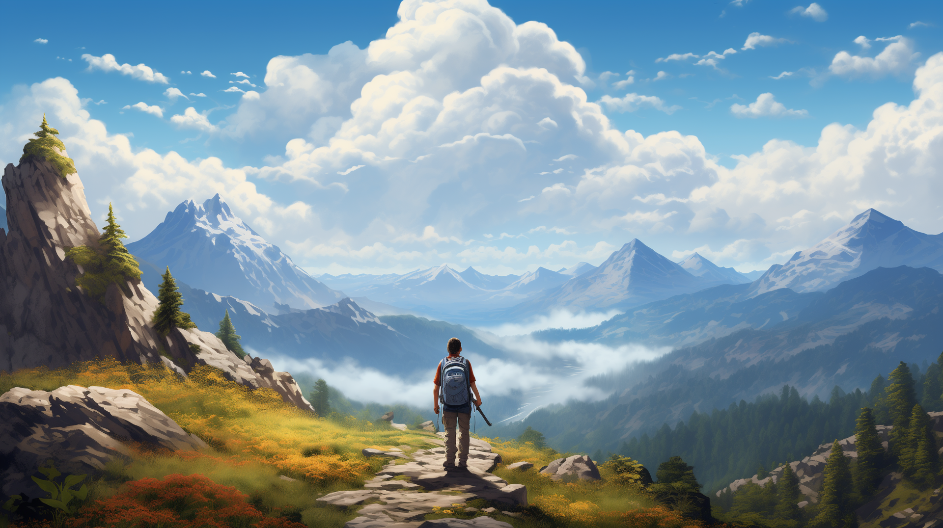 Hiker overlooking scenic mountain valley HD desktop wallpaper and background.