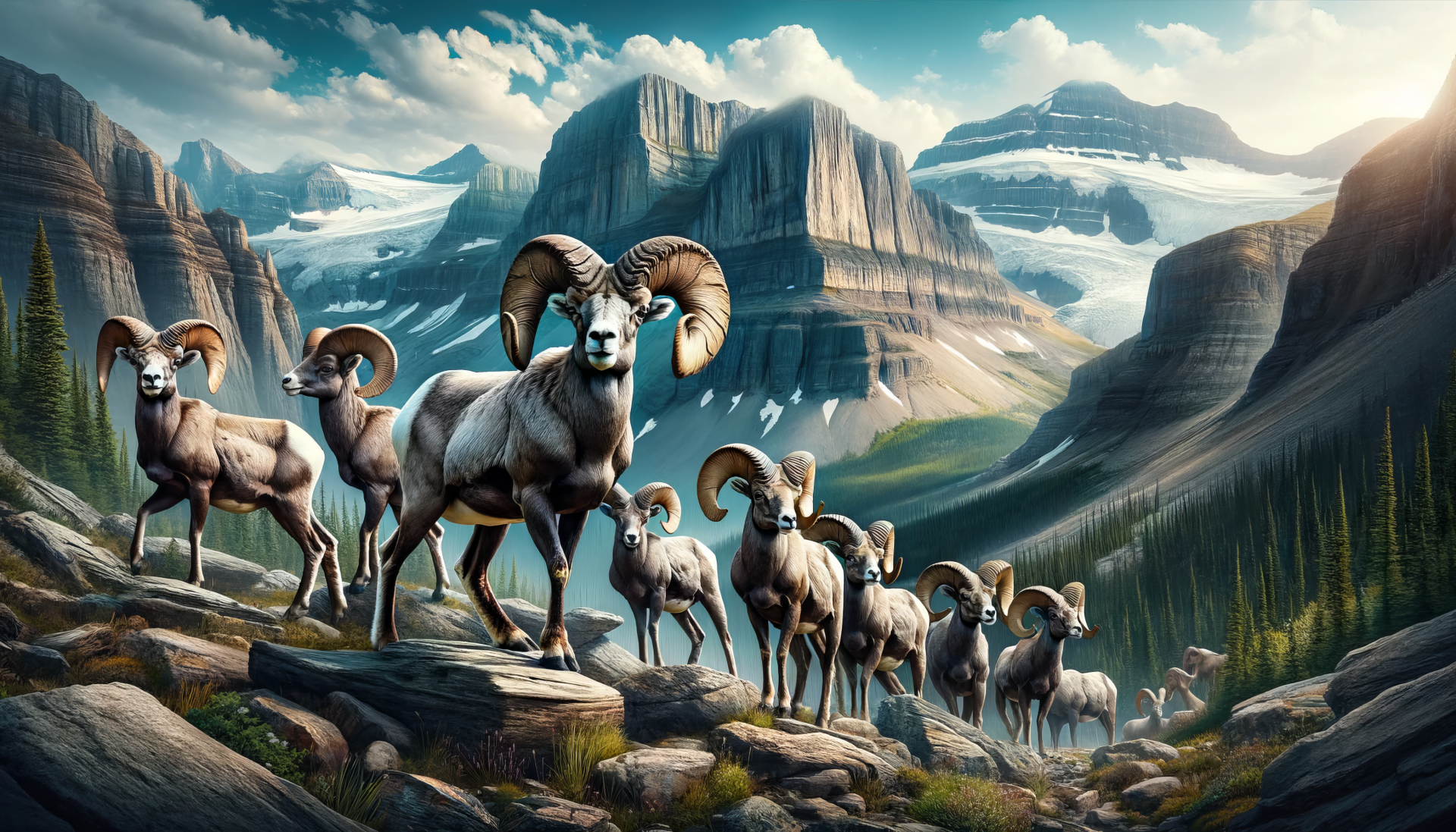 HD desktop wallpaper featuring bighorn sheep in a majestic mountain landscape.