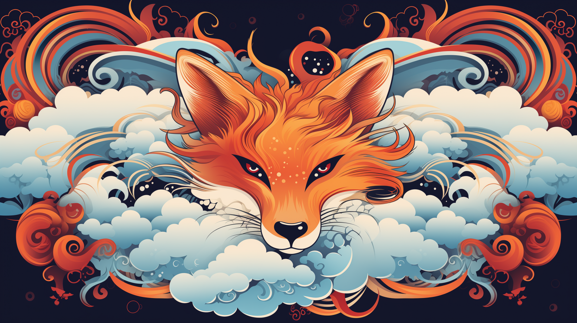 A vibrant AI art HD desktop wallpaper featuring a stylized fox head emerging from layered clouds with intricate Japan-inspired patterns and swirling designs.