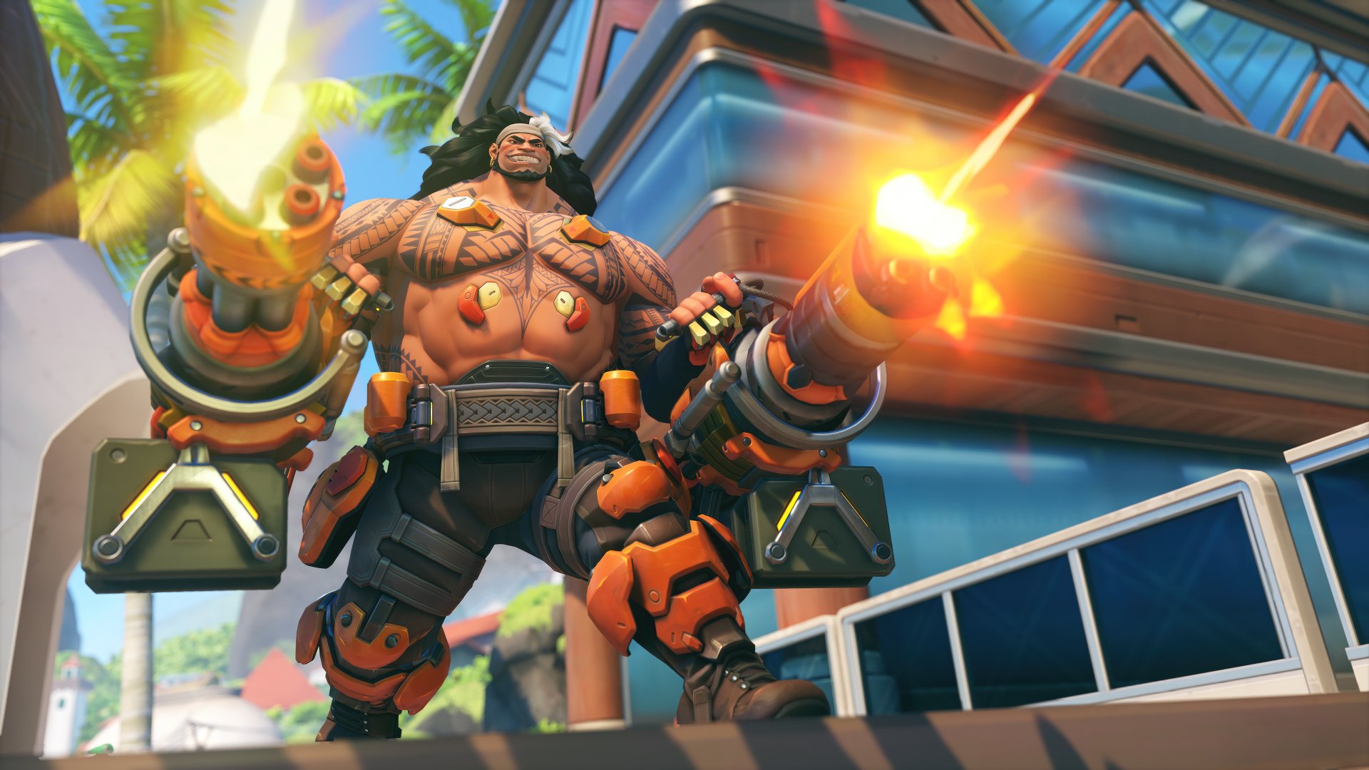 Overwatch 2's Mauga in action on a vibrant HD desktop wallpaper showcasing the character's design and weaponry.