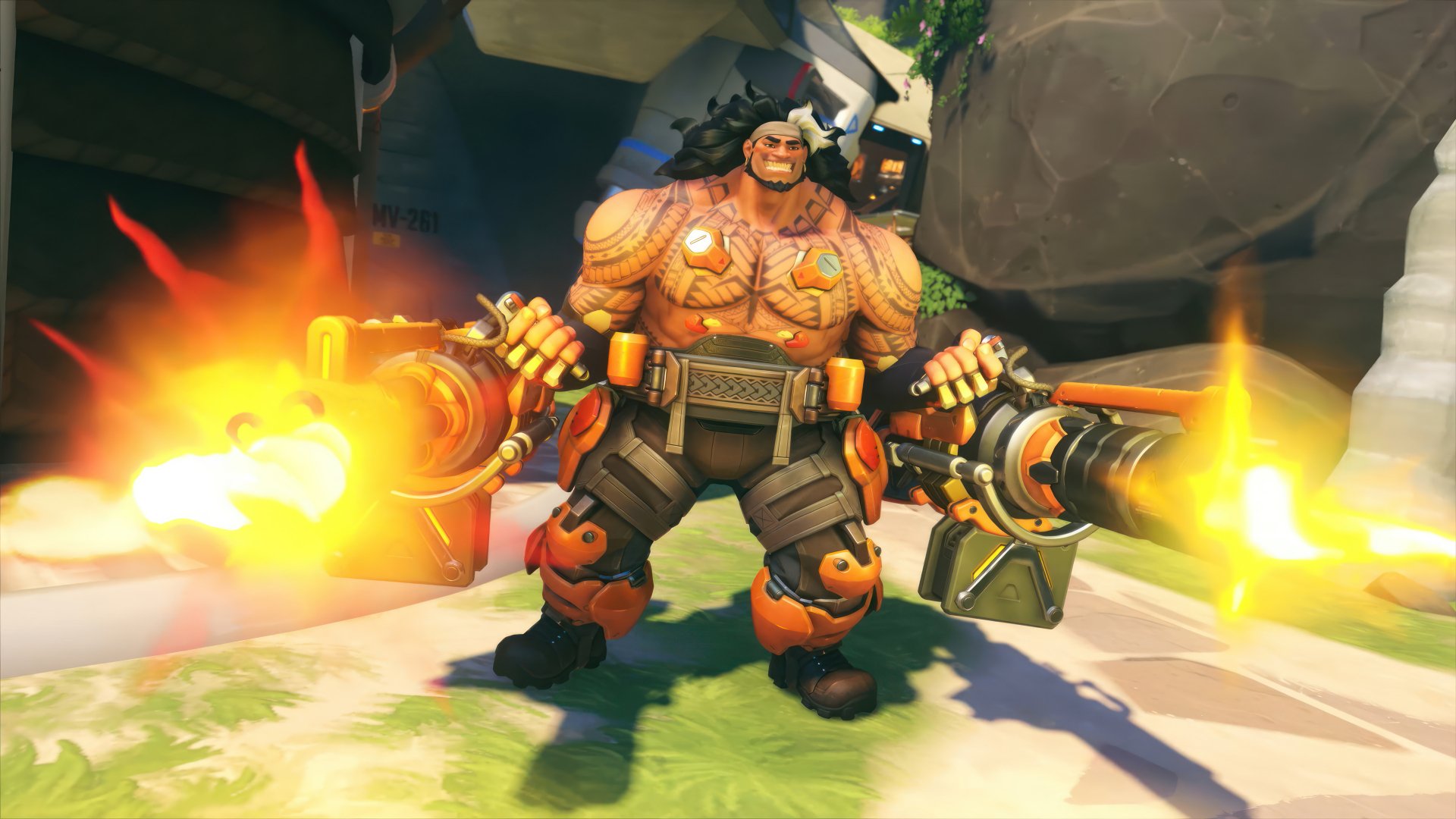Overwatch 2 Mauga character in action, firing weapons with a fierce expression—HD desktop wallpaper and background.