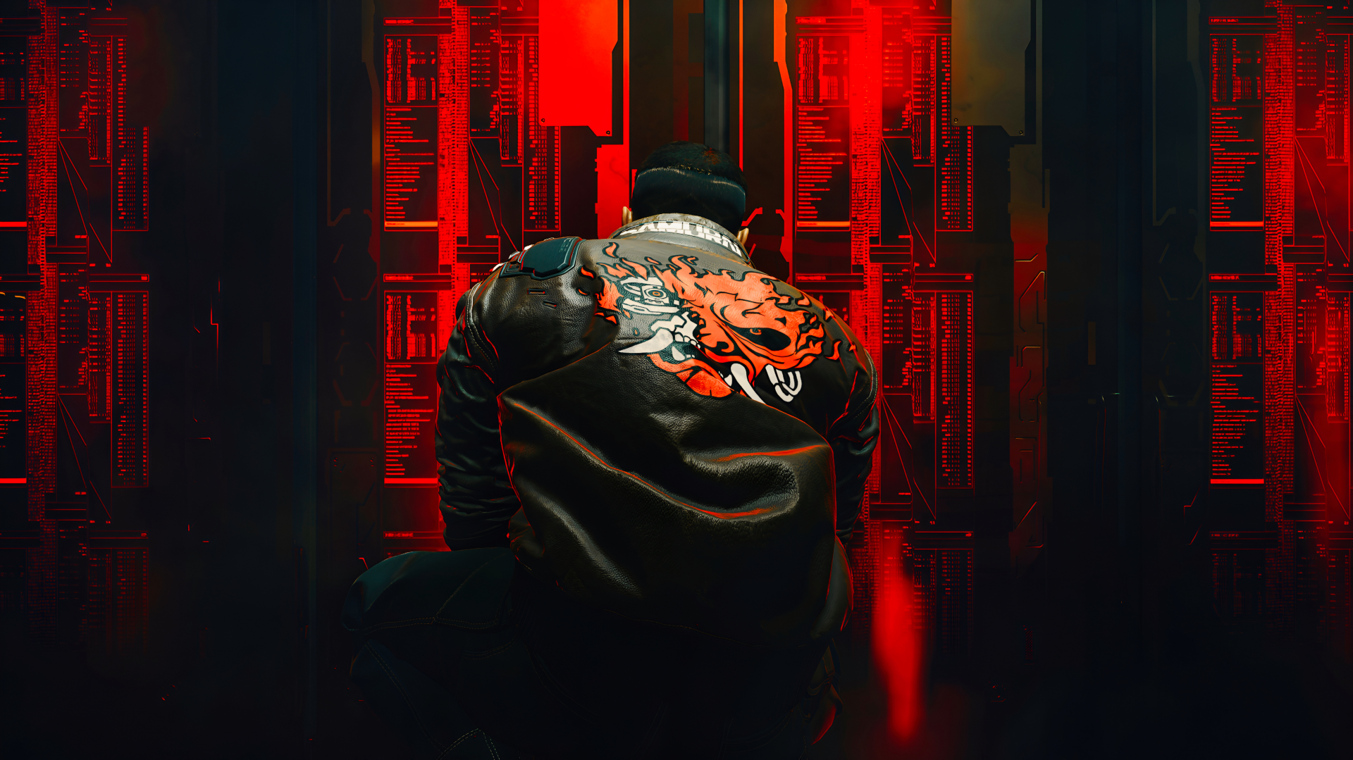 Cyberpunk 2077 4K Ultra HD PC desktop wallpaper and background: lone figure in a dragon-embroidered jacket faces neon-red cybercity corridors.