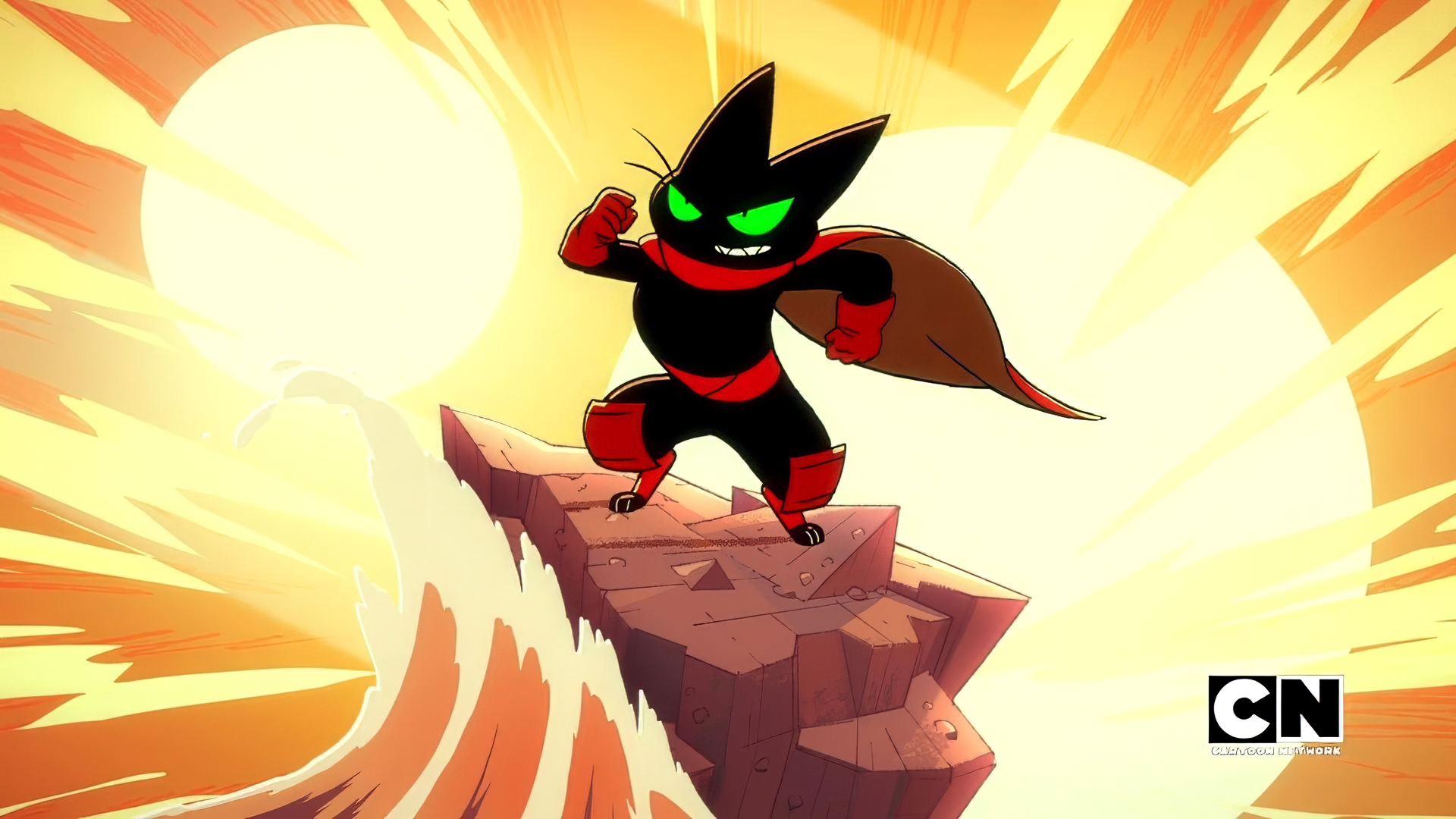 HD wallpaper from Mao Mao: Heroes of Pure Heart showing the main character striking a heroic pose against a dynamic orange background.