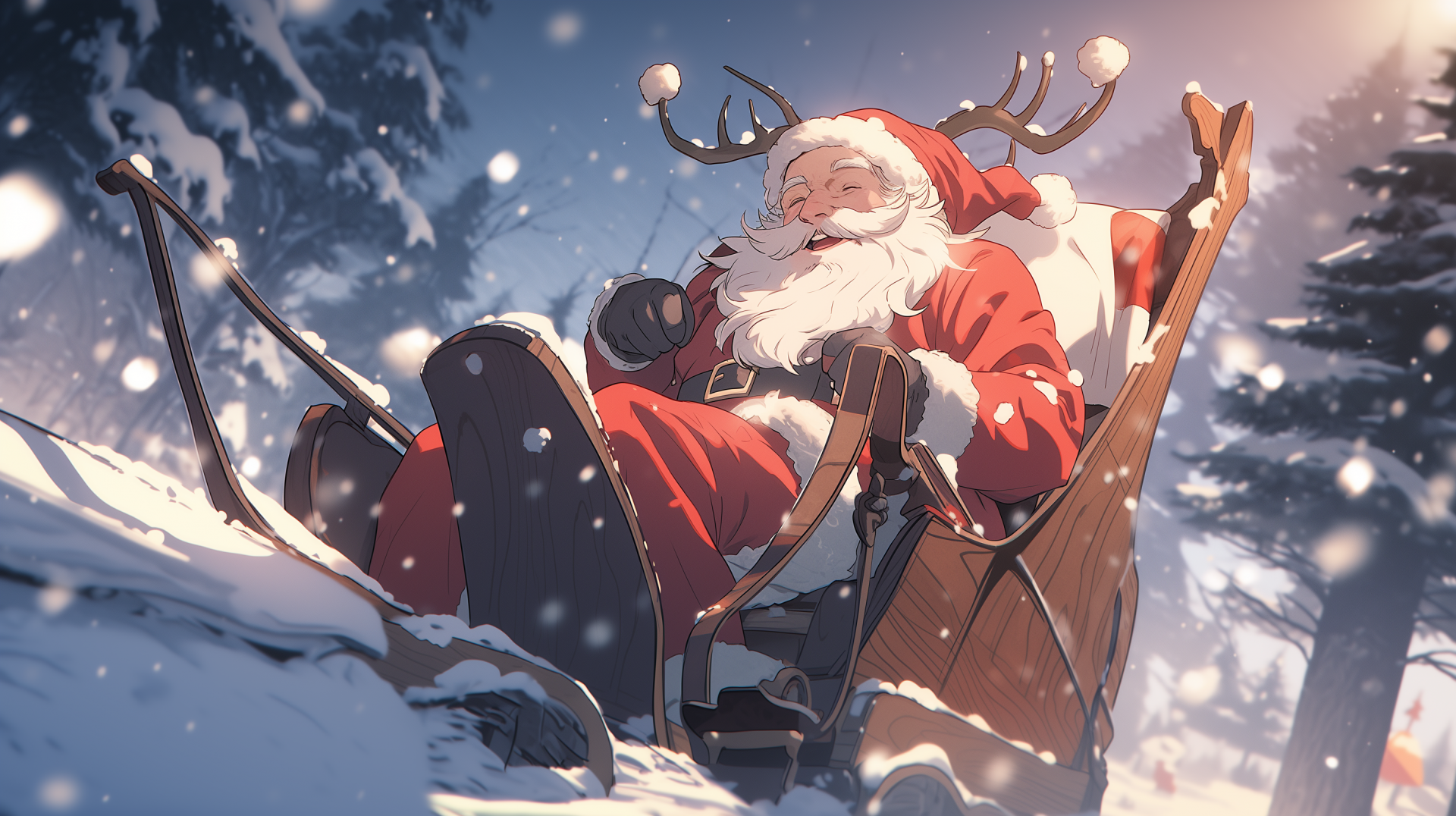 HD Christmas wallpaper featuring a cheerful Santa Claus riding a sled through a snowy landscape.