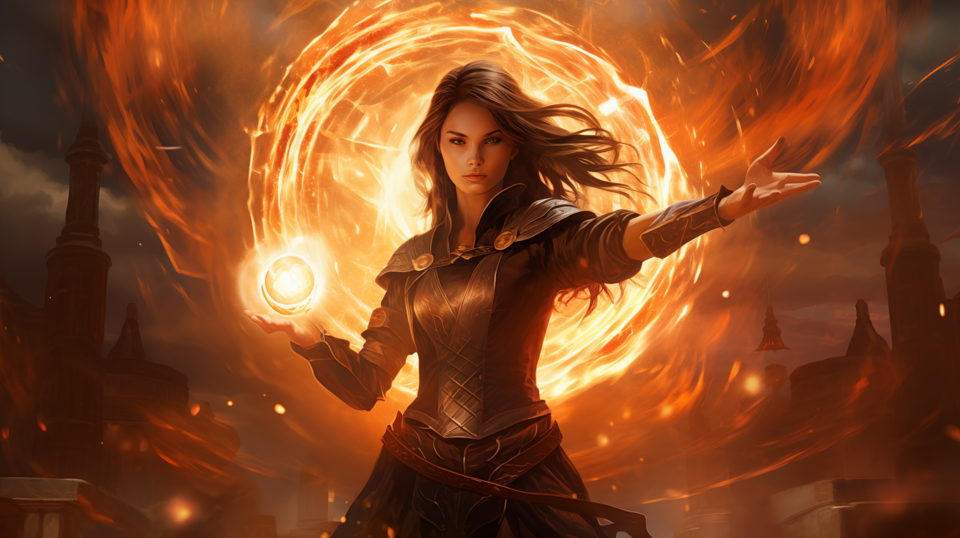 Magic: The Gathering HD wallpaper featuring a powerful mage casting a spell with a swirling fire ring in the background.