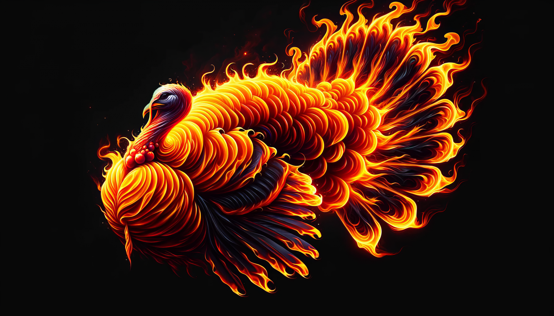 A vibrant HD desktop wallpaper featuring a stylized turkey bird, its feathers transformed into vivid flames of orange and red against a dark background.