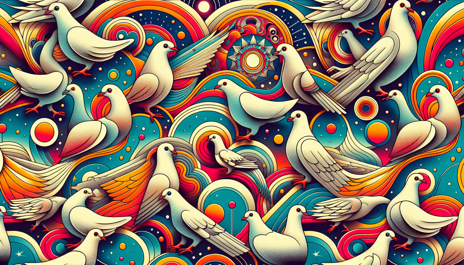A vibrant HD wallpaper featuring an artistic pattern of colorful pigeons against a dynamic background of swirls and circles, capturing a lively and whimsical atmosphere.