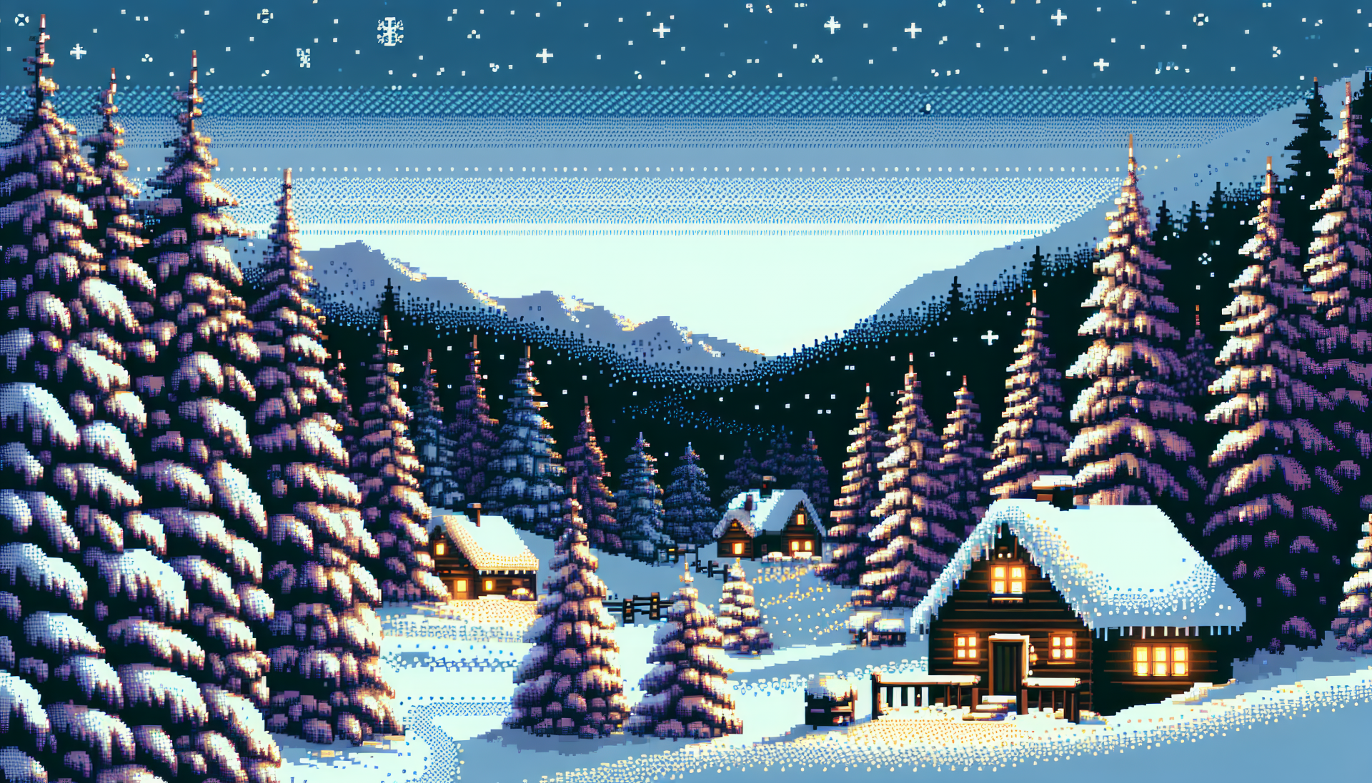 HD wallpaper of a pixel art winter wonderland scene with snow-covered trees and a cozy cabin at night.