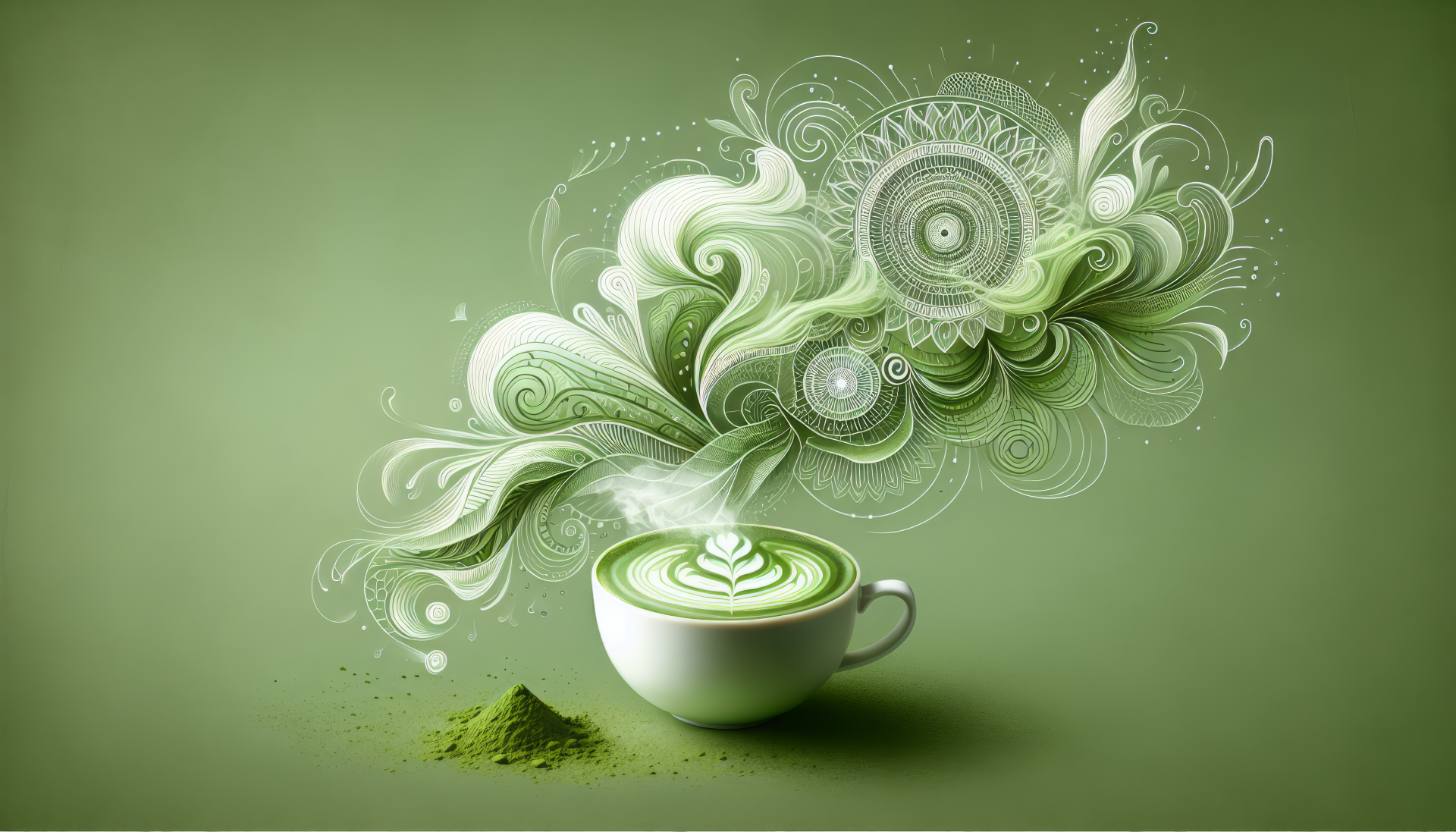 HD desktop wallpaper featuring an artistic illustration of a green tea latte with whimsical swirls on a green background.