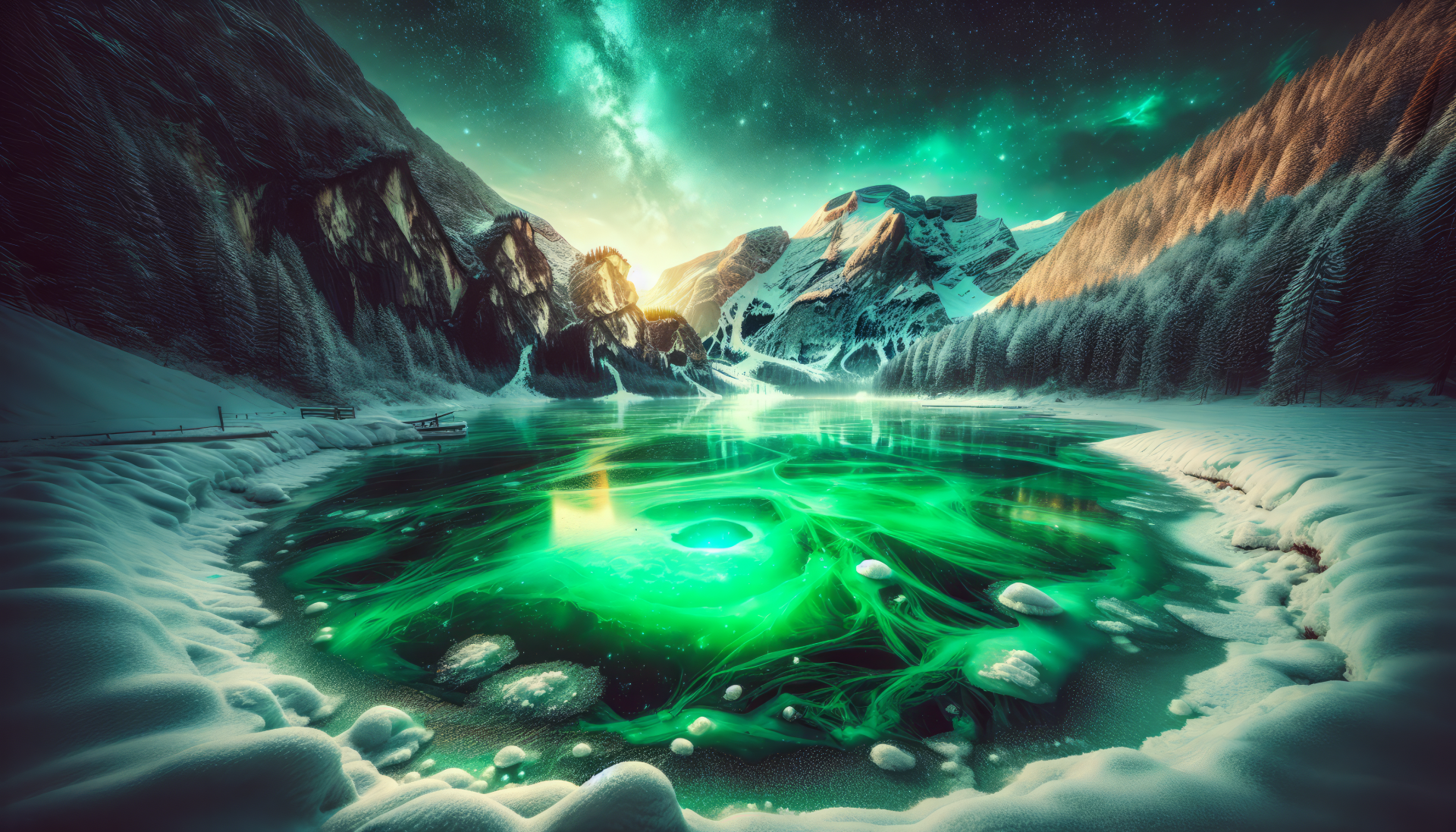HD wallpaper featuring a stunning aurora over a frozen lake surrounded by snowy mountains.