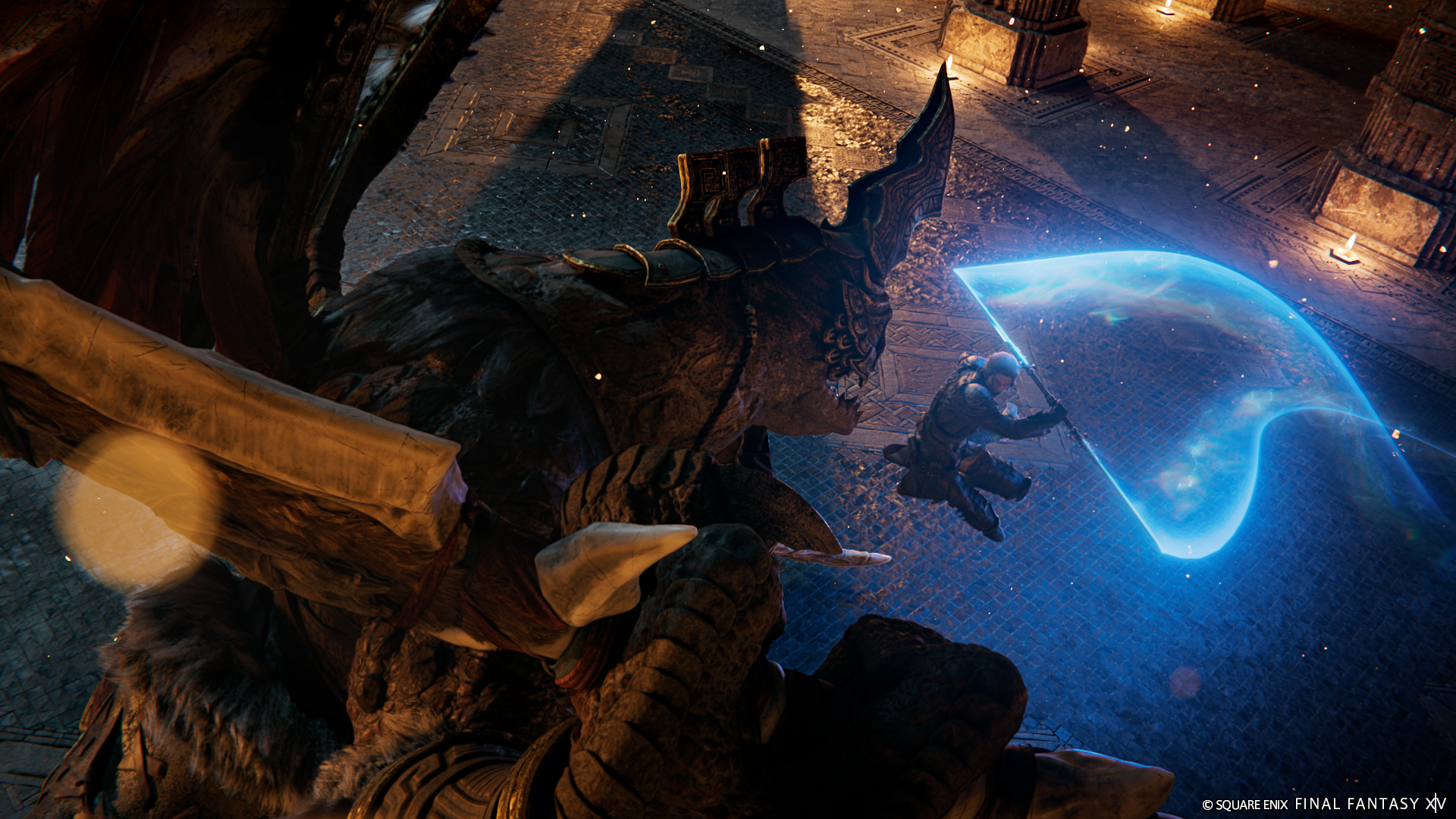 HD desktop wallpaper featuring a scene from Final Fantasy XIV: Dawntrail with a character using a magical shield against a fearsome creature.