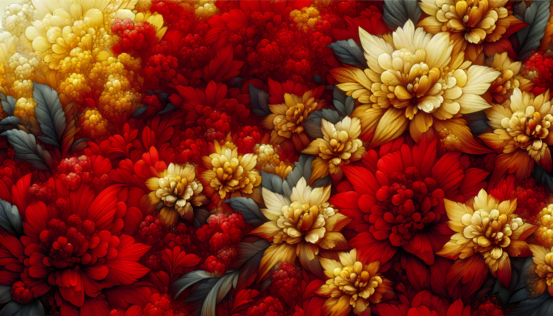 Vibrant HD wallpaper featuring a lush arrangement of red and golden flowers, with detailed petals and green leaves, creating a rich, textured floral background.