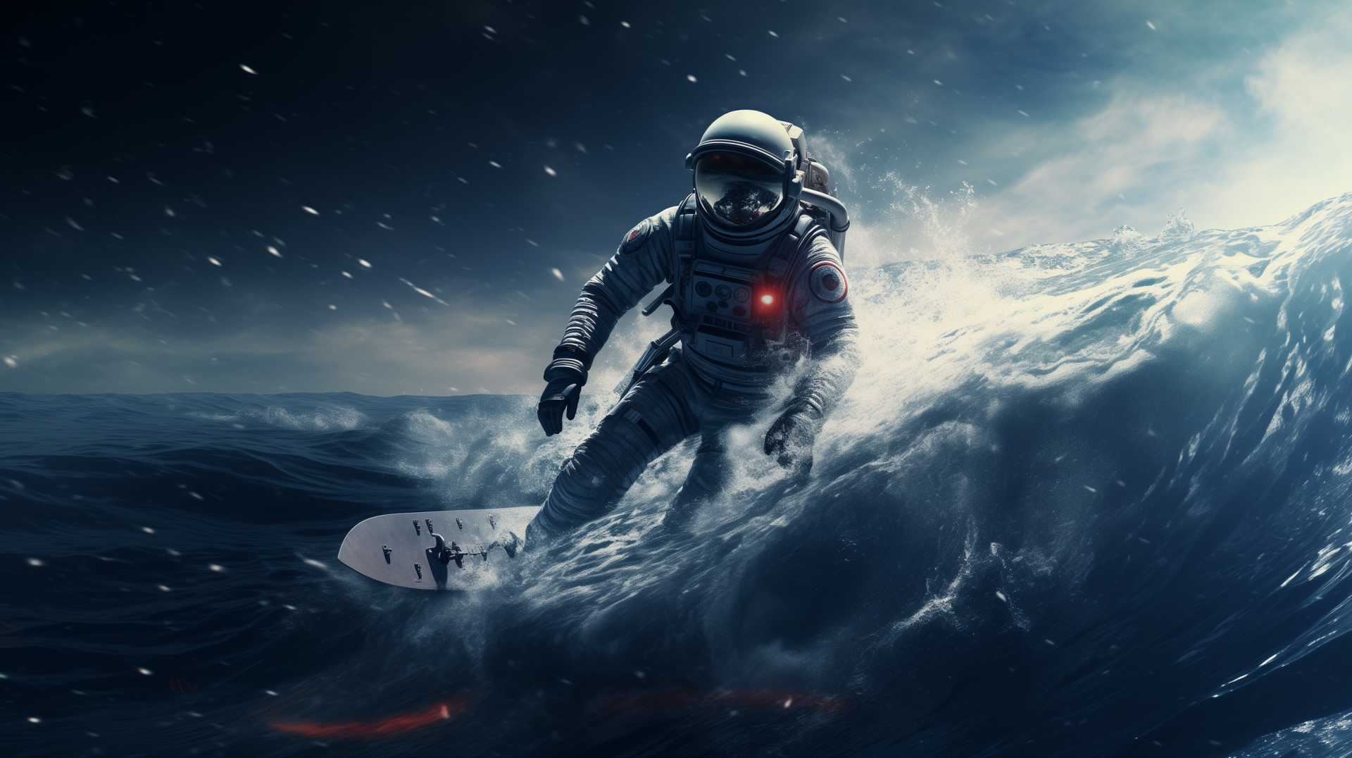 Astronaut surfing a massive wave in a creative HD desktop wallpaper and background.