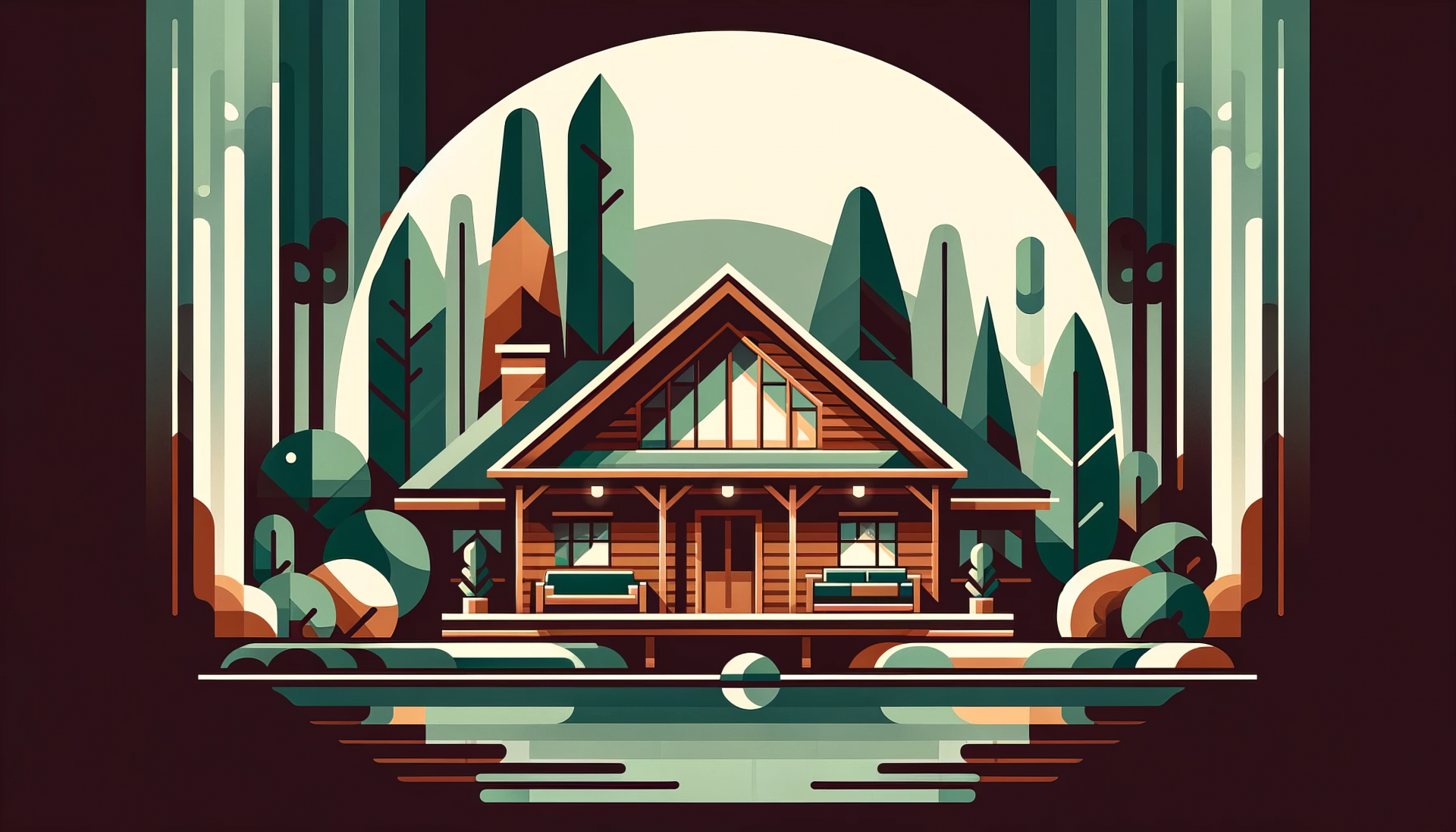 HD wallpaper of a cozy cabin surrounded by a forest and lake, crafted in a serene, stylized art design.