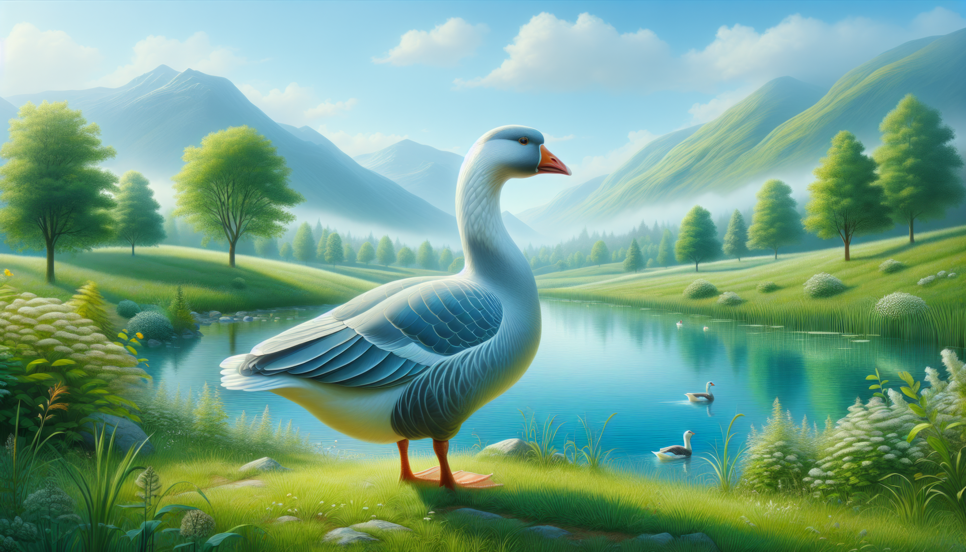 A serene HD desktop wallpaper featuring a goose standing by a tranquil lake, surrounded by lush greenery and mountains in the background, capturing a peaceful natural scene.