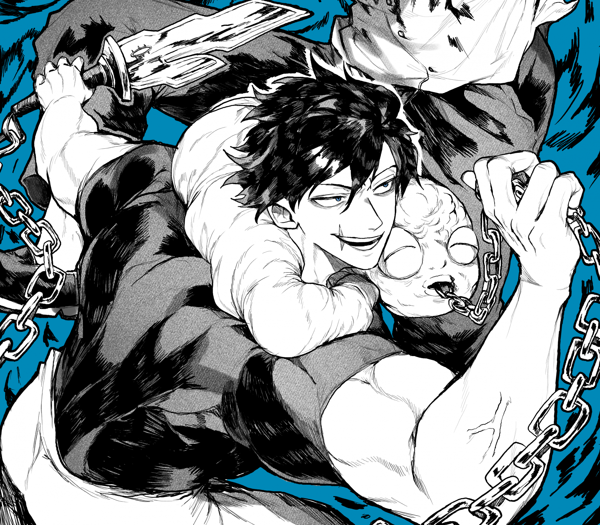 HD PC desktop wallpaper featuring Toji Fushiguro from the anime Jujutsu Kaisen, depicted in dynamic black and white with blue accents and intense expression.