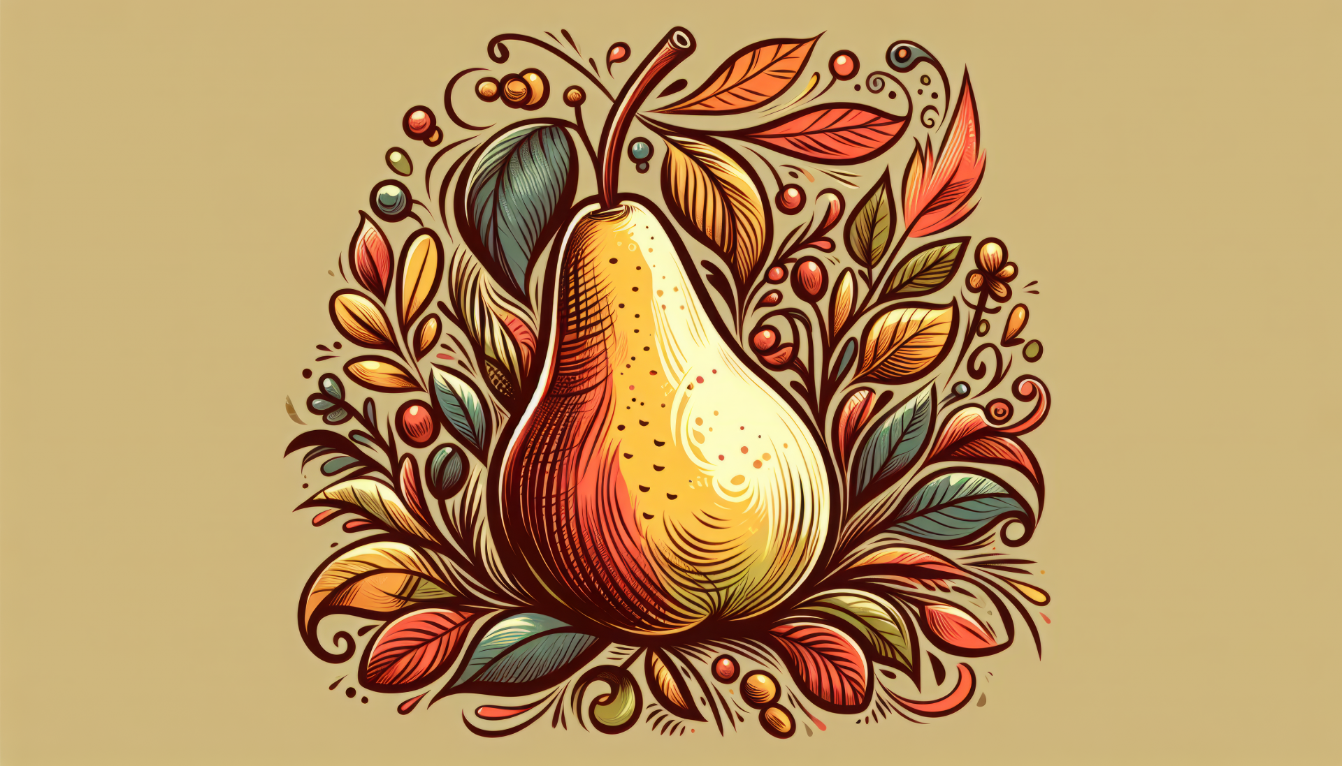 HD wallpaper featuring a stylized illustration of a ripe pear with intricate leaf and berry motifs on a muted background.