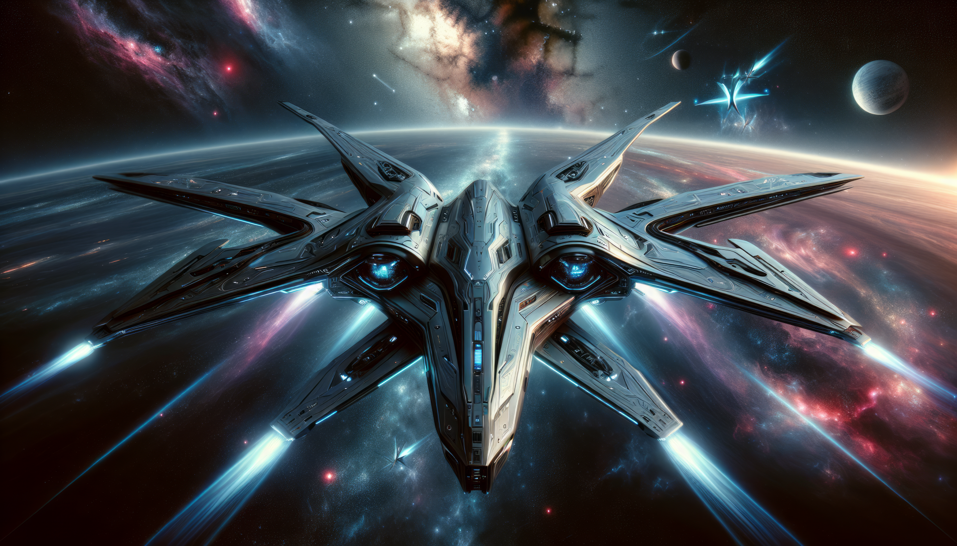 HD wallpaper of a futuristic spaceship traveling through space with stars and planets in the background.
