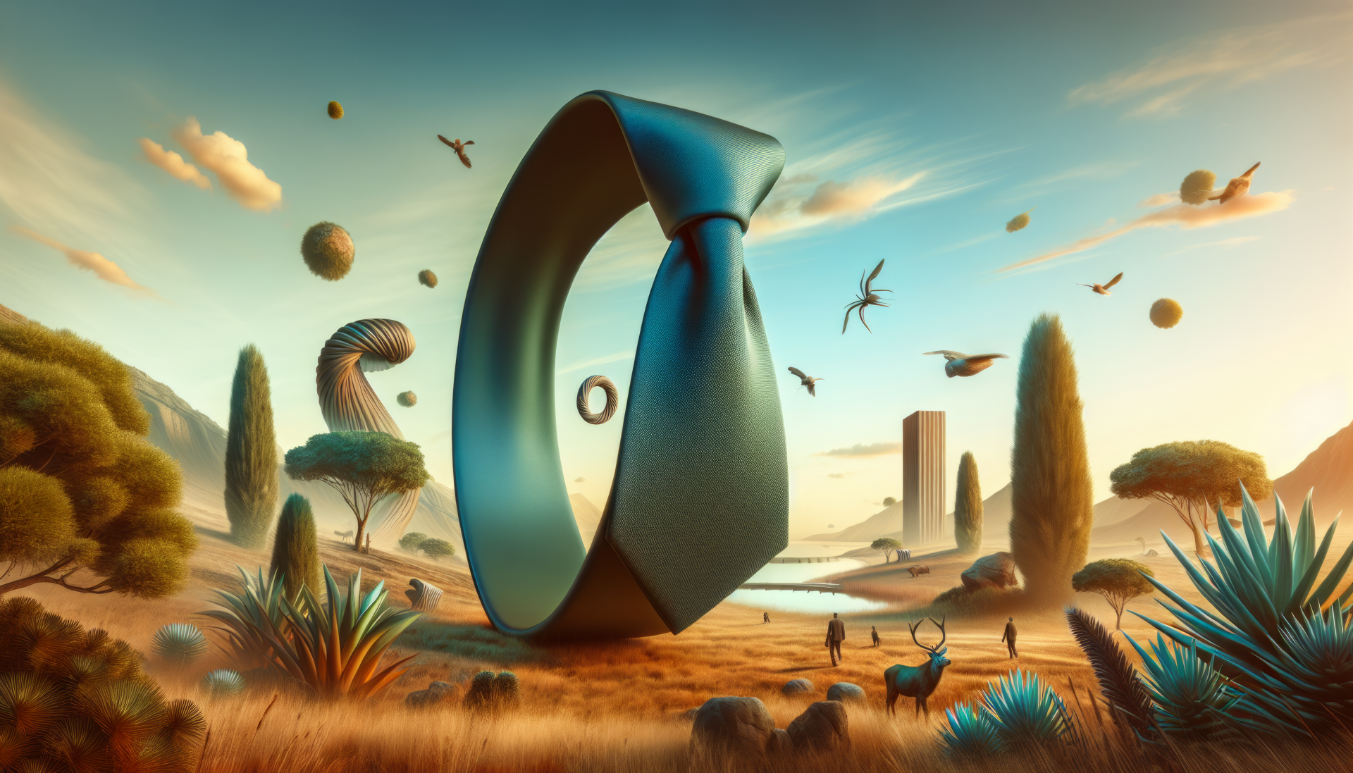 HD desktop wallpaper featuring a surreal landscape with a giant tie sculpture at the center, surrounded by floating islands, birds, and whimsical foliage under a warm glowing sky.