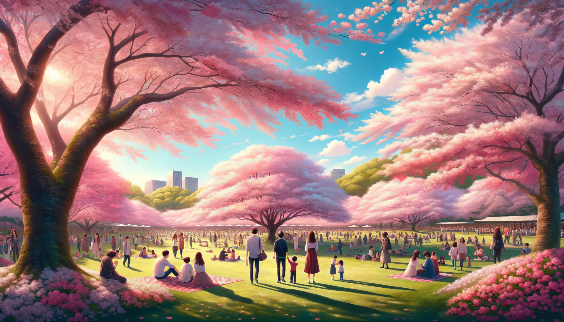 HD wallpaper featuring a vibrant cherry blossom festival with people enjoying the scenic beauty under blooming pink cherry blossom trees.
