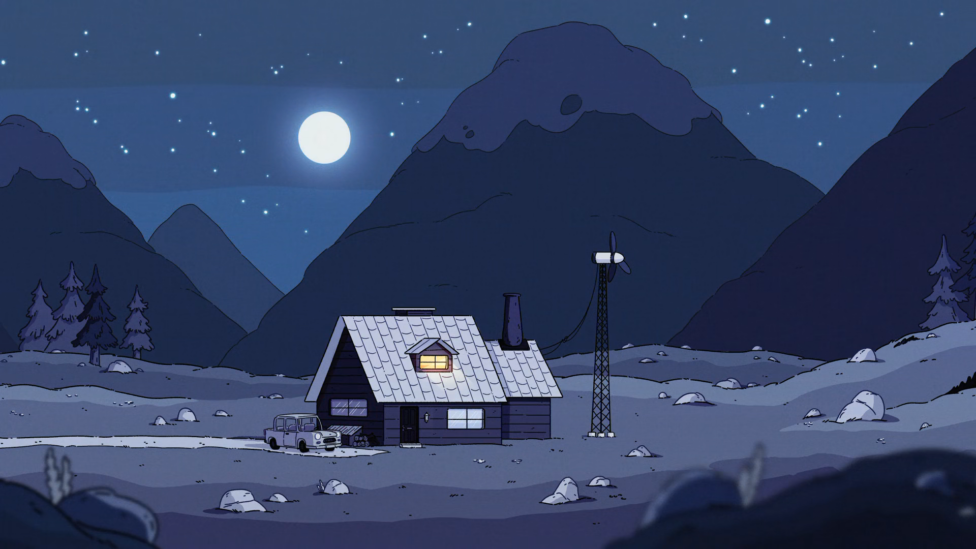 HD desktop wallpaper featuring a cozy cabin at night from the animated series Hilda, set against a backdrop of mountains and a starry sky with a full moon.