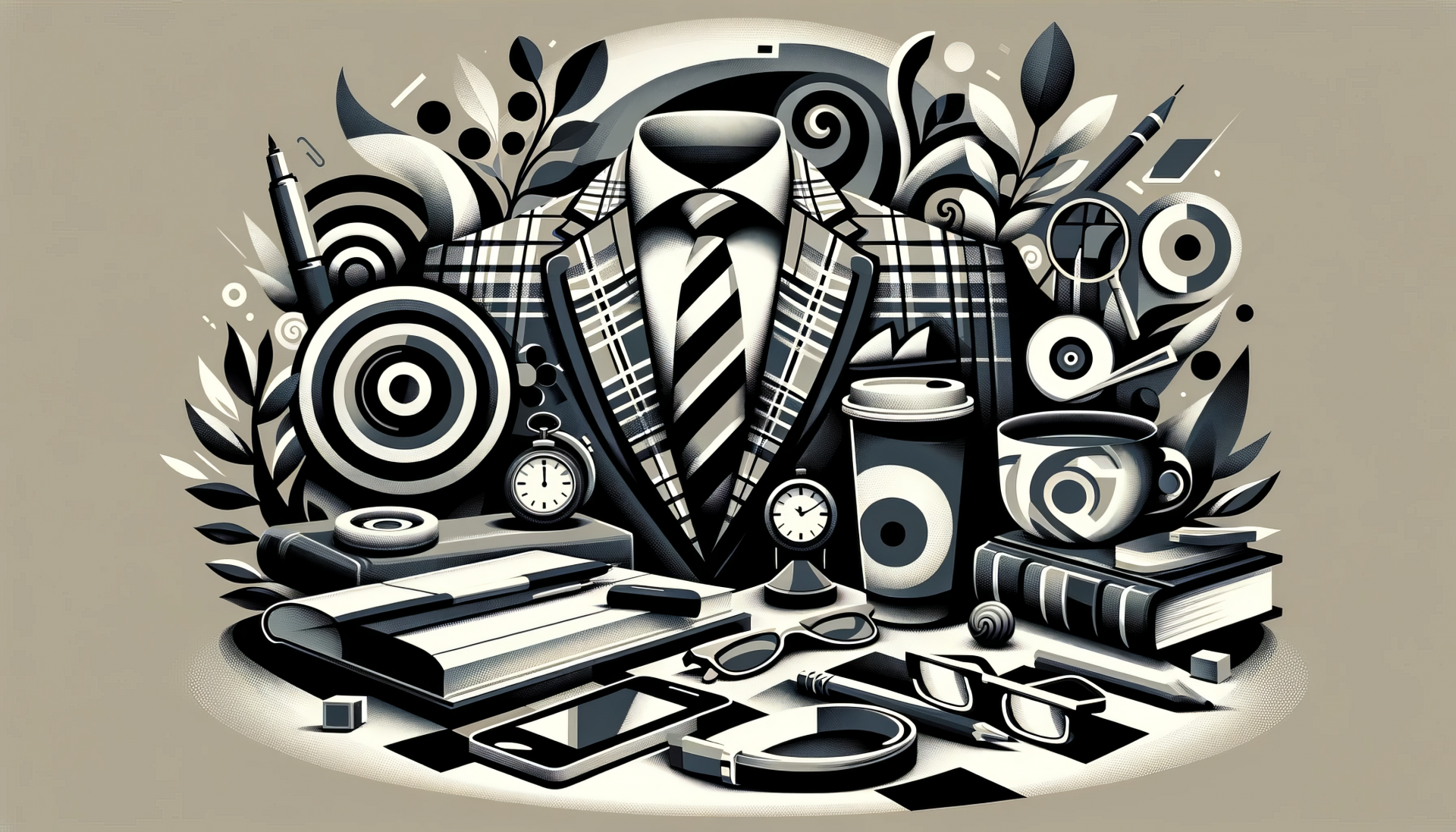 High-definition desktop wallpaper featuring stylized preppy elements, including a suit, tie, watch, and coffee cup in a monochrome palette.
