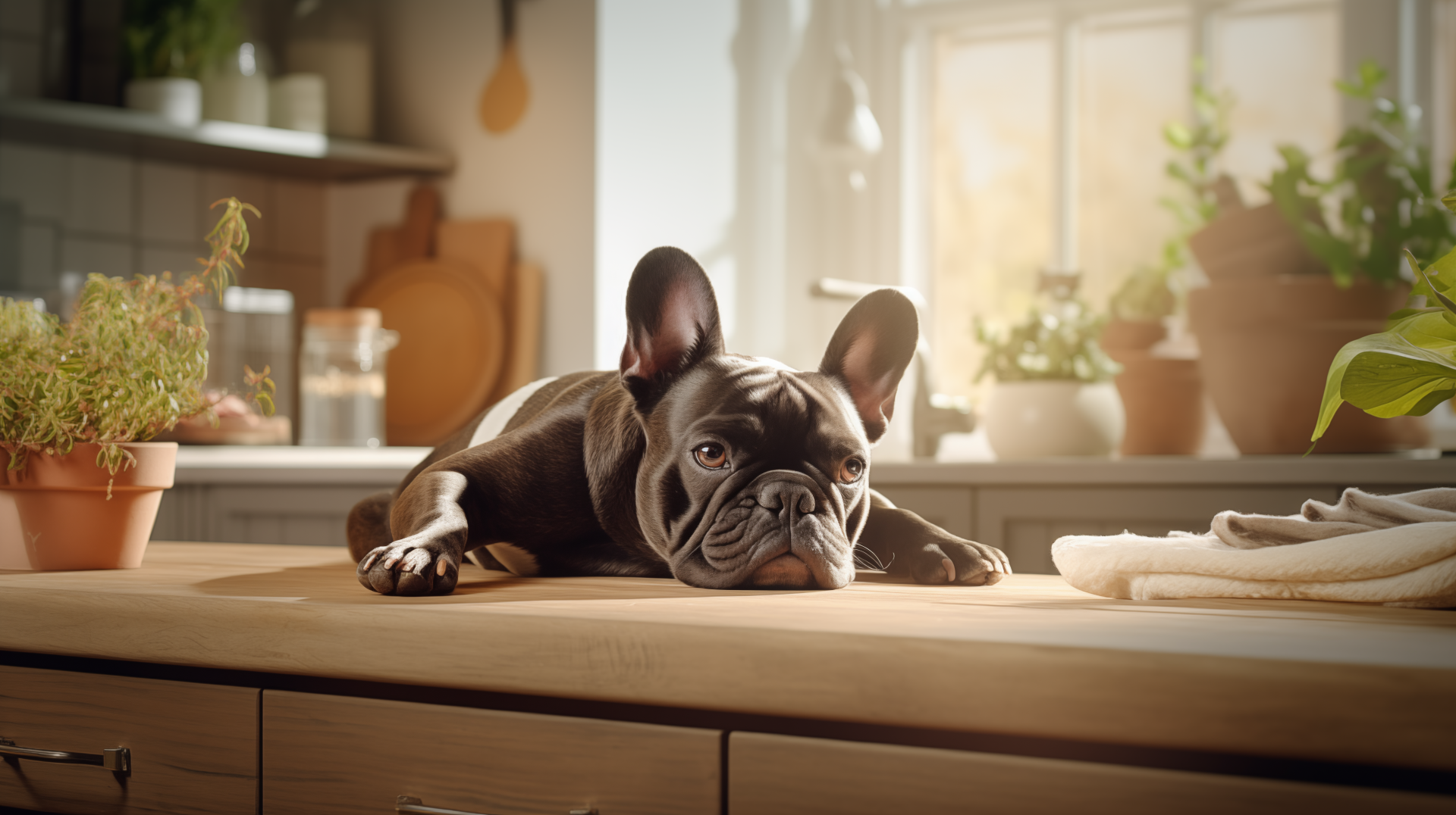 A charming French Bulldog rests on a wooden kitchen counter, surrounded by plants, capturing a cozy, inviting atmosphere in this HD desktop wallpaper.