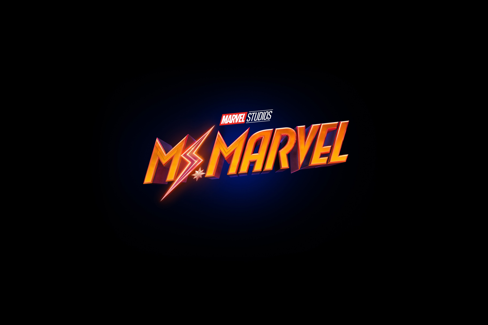 A 4K Ultra HD PC desktop wallpaper featuring the vibrant Ms. Marvel logo from Marvel Studios on a dark background.
