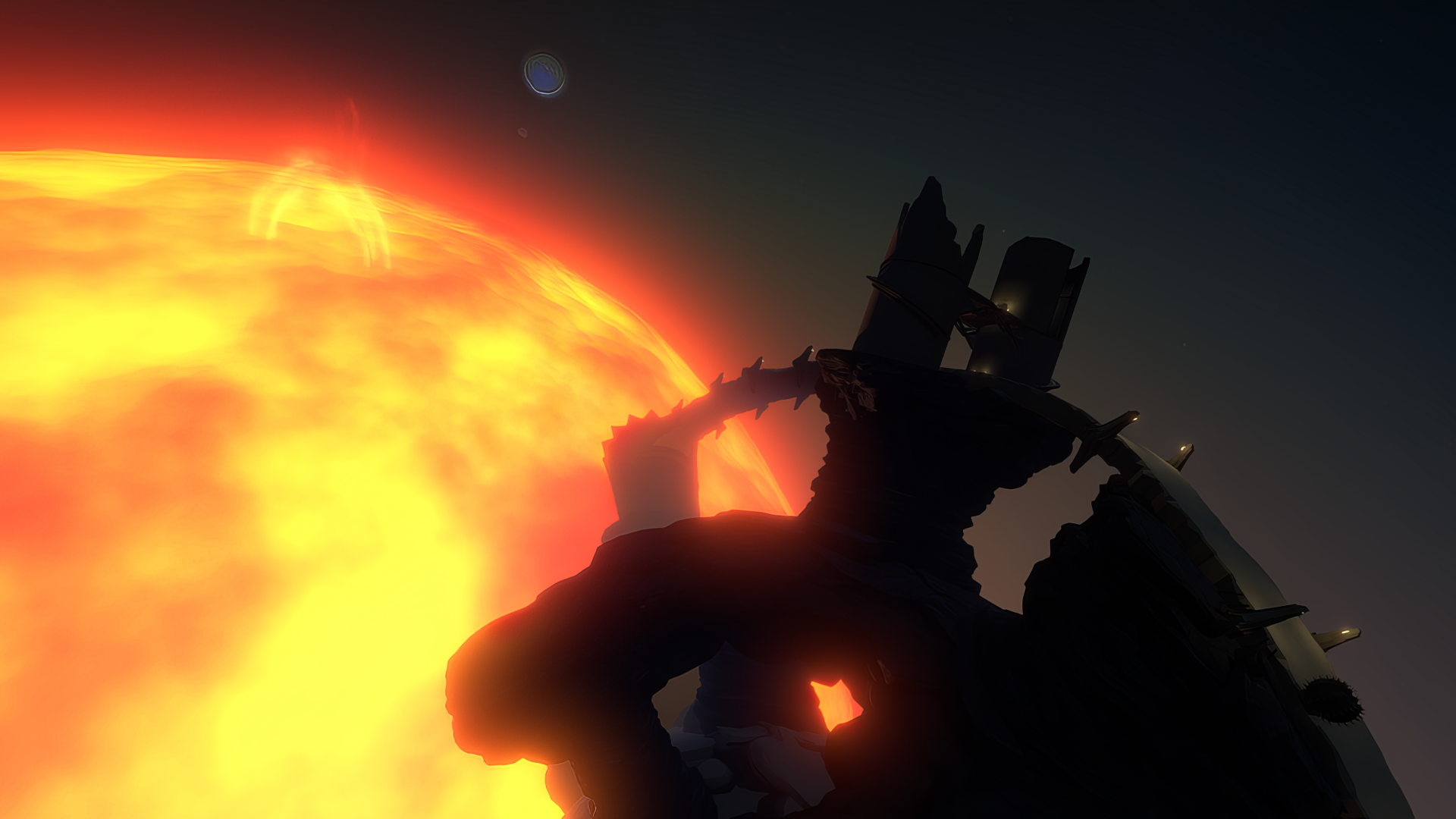 HD Outer Wilds video game wallpaper featuring a silhouette of a broken structure against a bright sun.