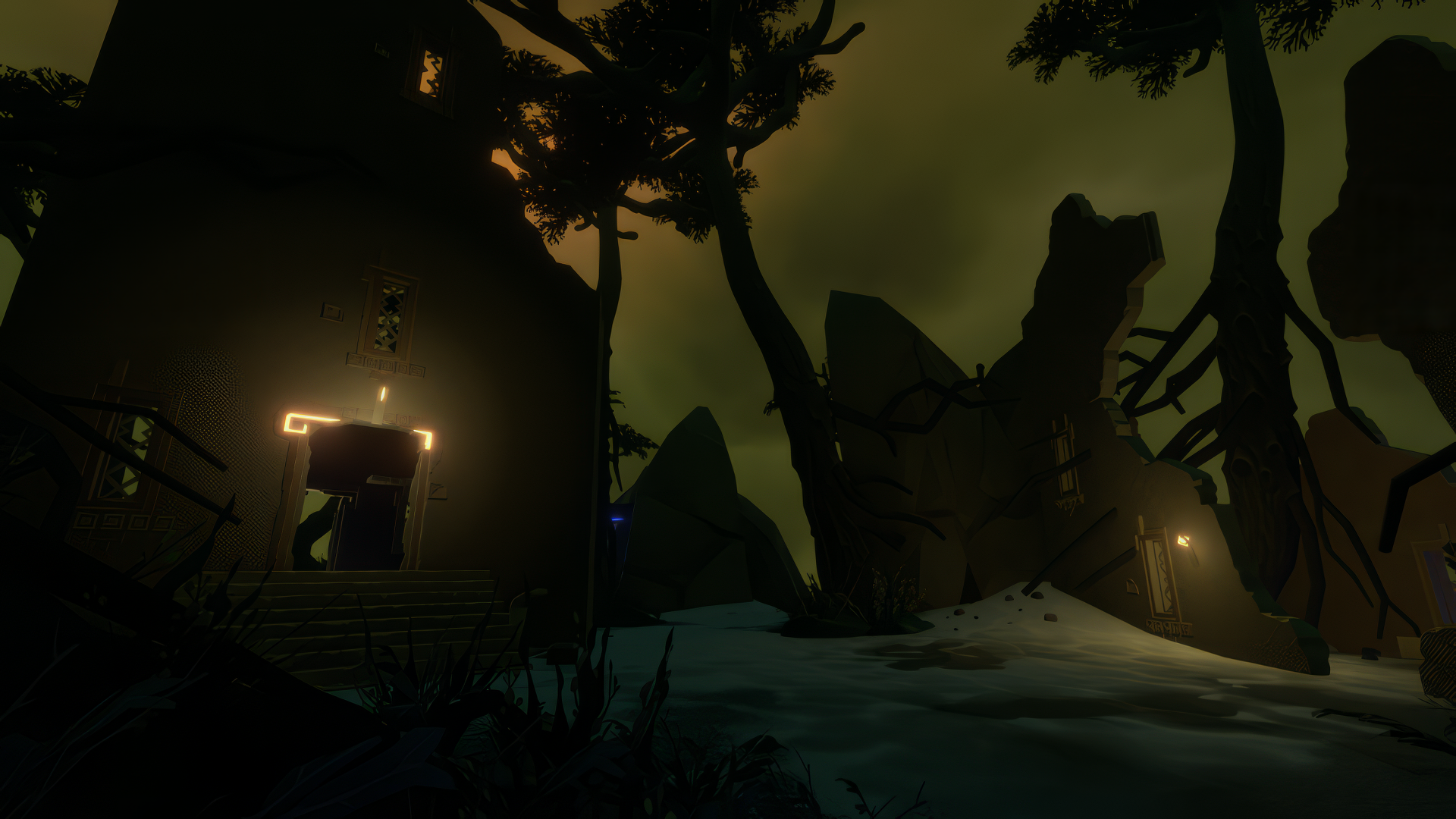 HD desktop wallpaper from the game Outer Wilds featuring a mysterious building entrance with eerie lighting in a dark, wooded environment.
