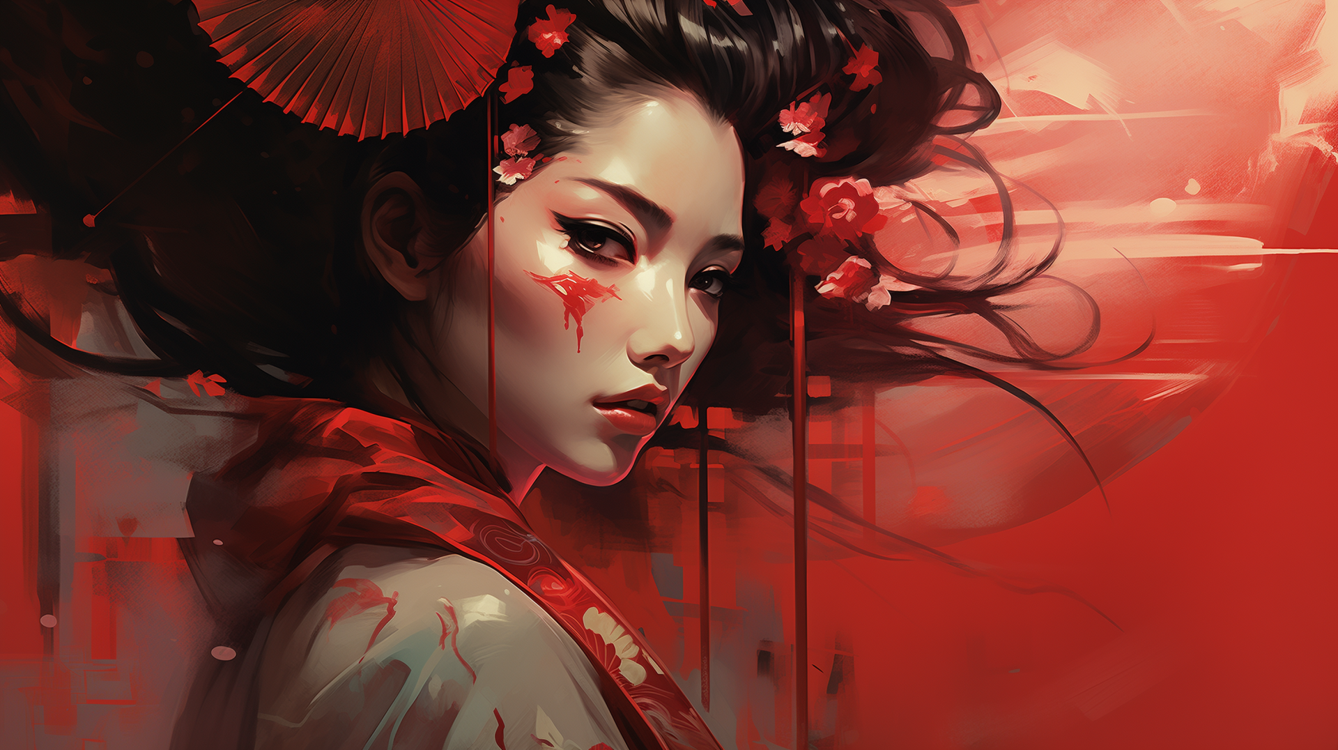 AI Enchanted Geisha: HD Digital Elegance, image size:1920x1076