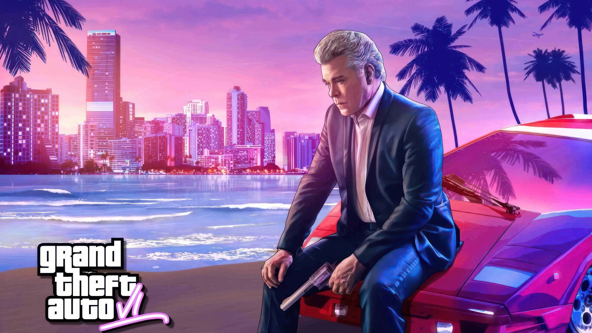 HD wallpaper of stylish character and vibrant cityscape from a popular video game with palm trees and sunset.