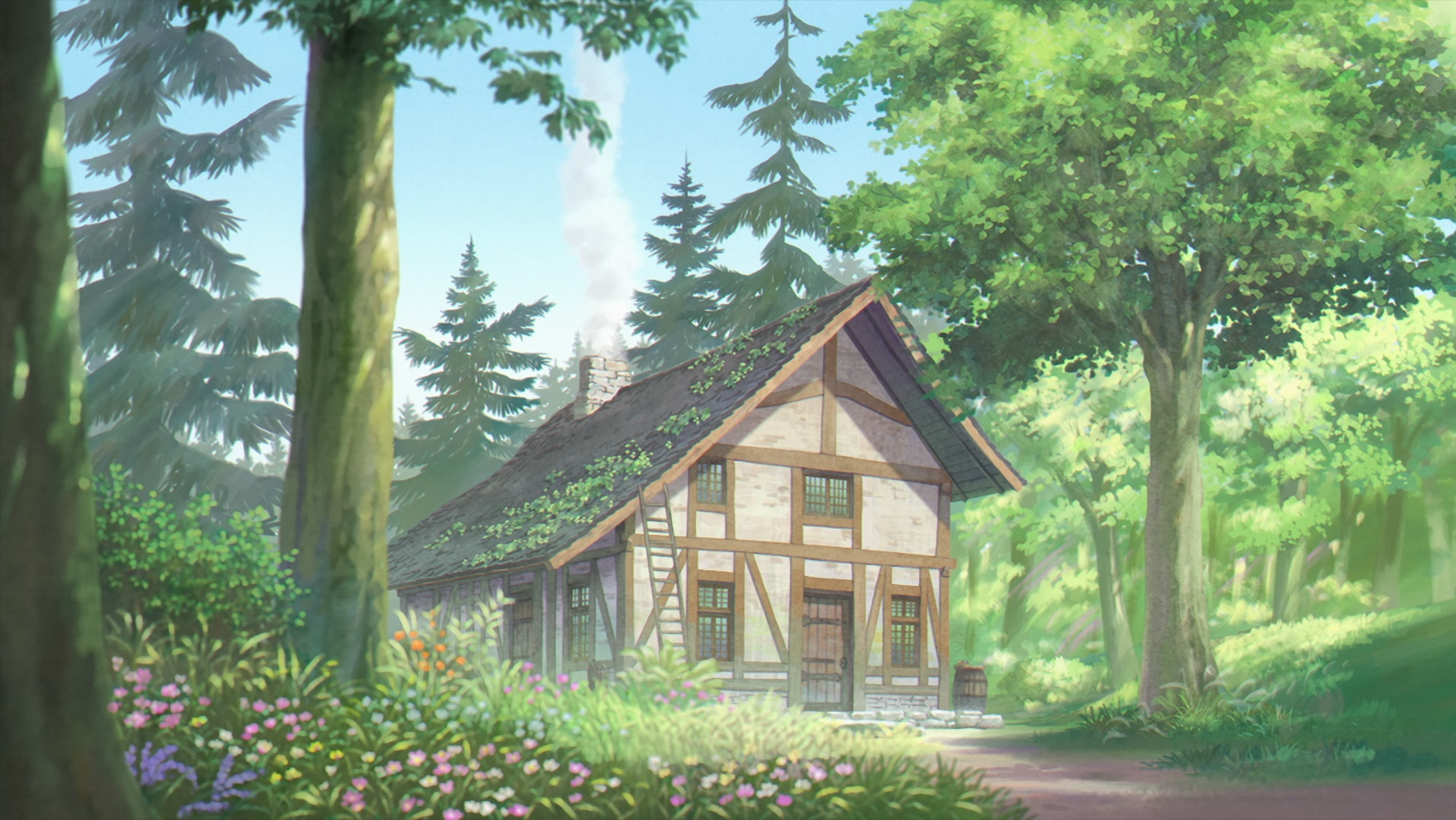 Anime-style HD desktop wallpaper from Frieren: Beyond Journey's End, depicting a charming cottage surrounded by lush green trees and blooming flowers in a tranquil forest setting.